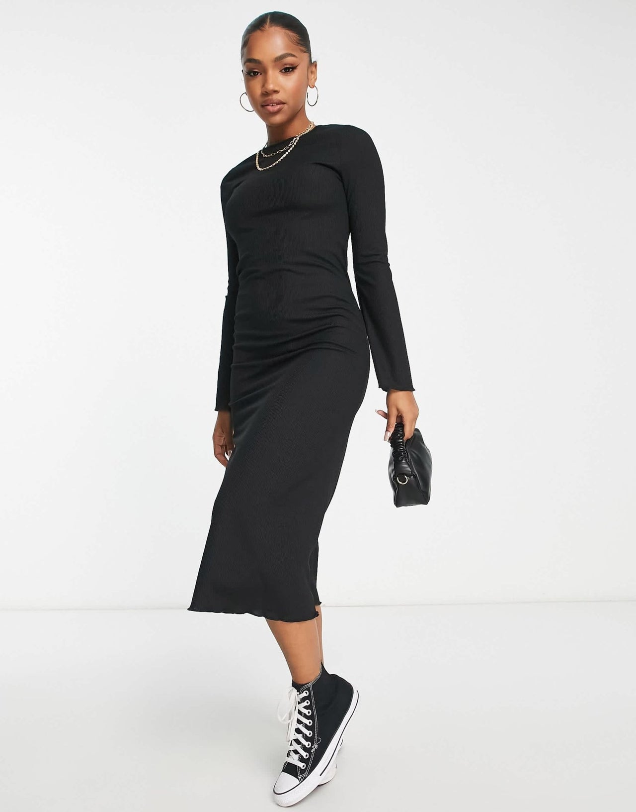 New Look lettuce edge flared sleeve ribbed midi dress in black - ASOS Sample Sale