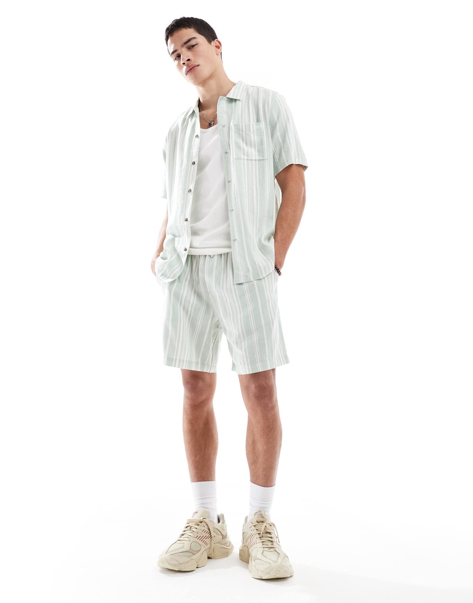 New Look linen blend stripe shorts co-ord in green - ASOS Sample Sale