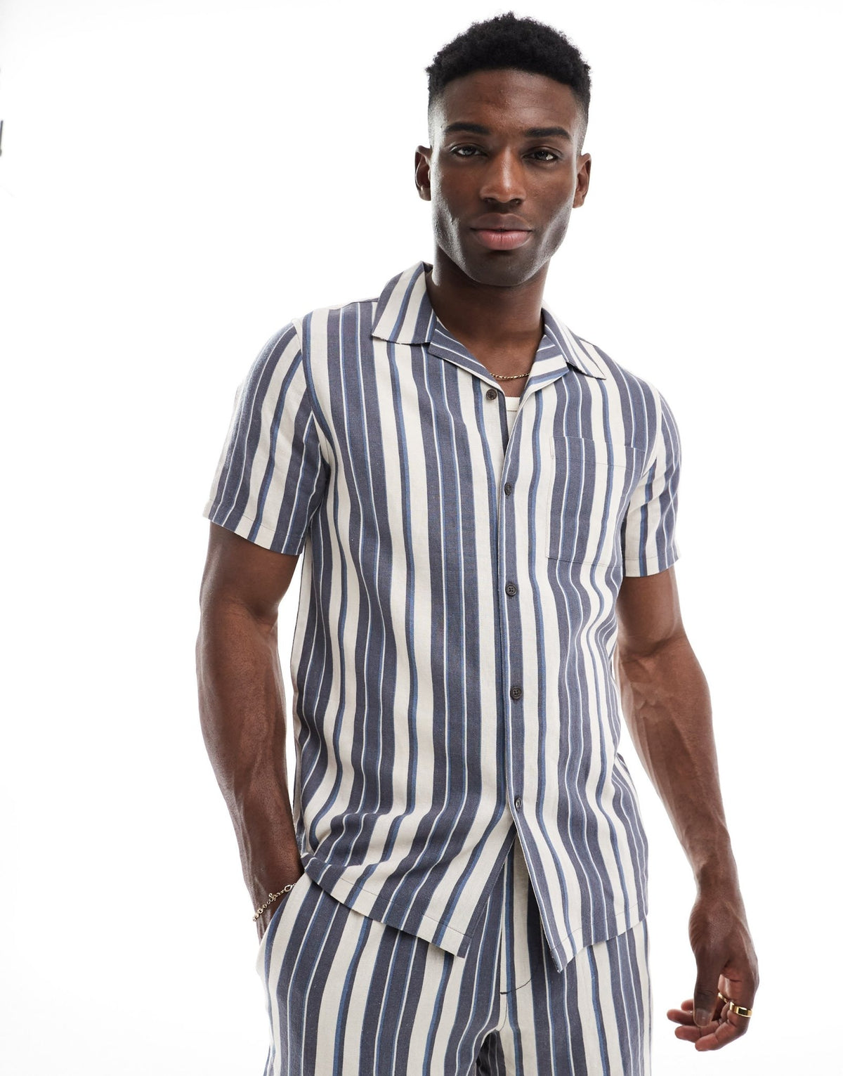 New Look linen look stripe shirt co-ord in navy - ASOS Sample Sale
