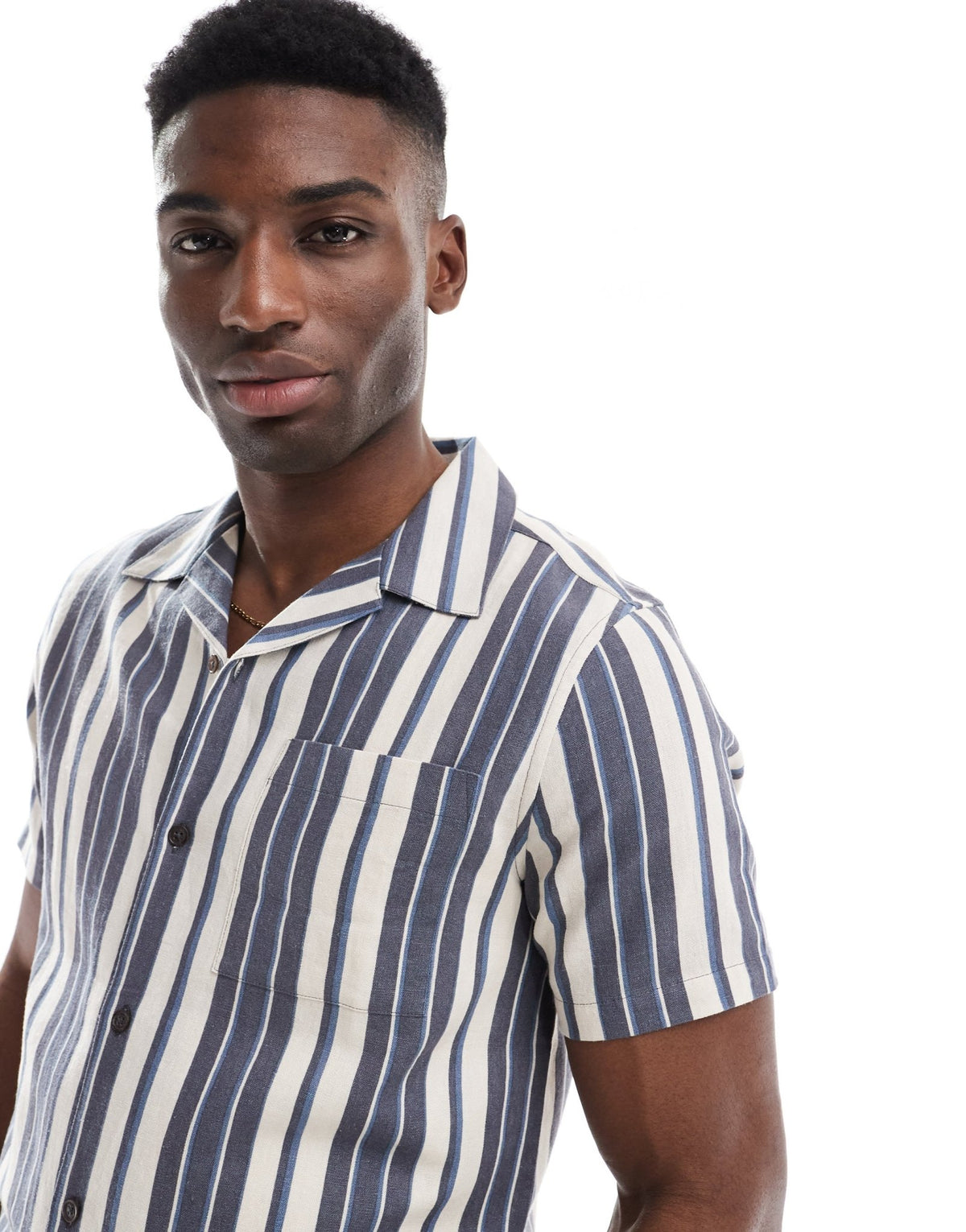 New Look linen look stripe shirt co-ord in navy - ASOS Sample Sale