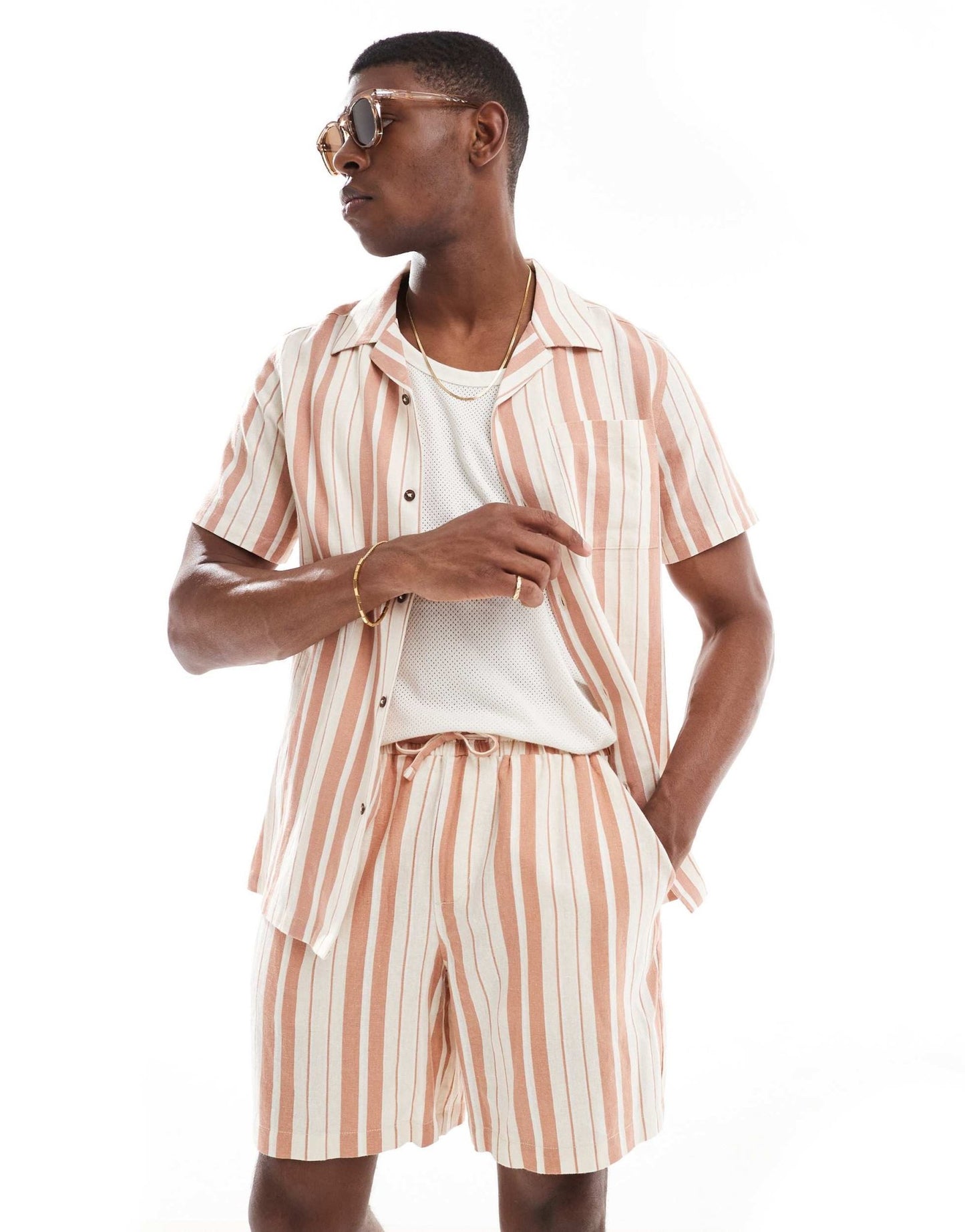 New Look linen look stripe shorts co-ord in stone - ASOS Sample Sale