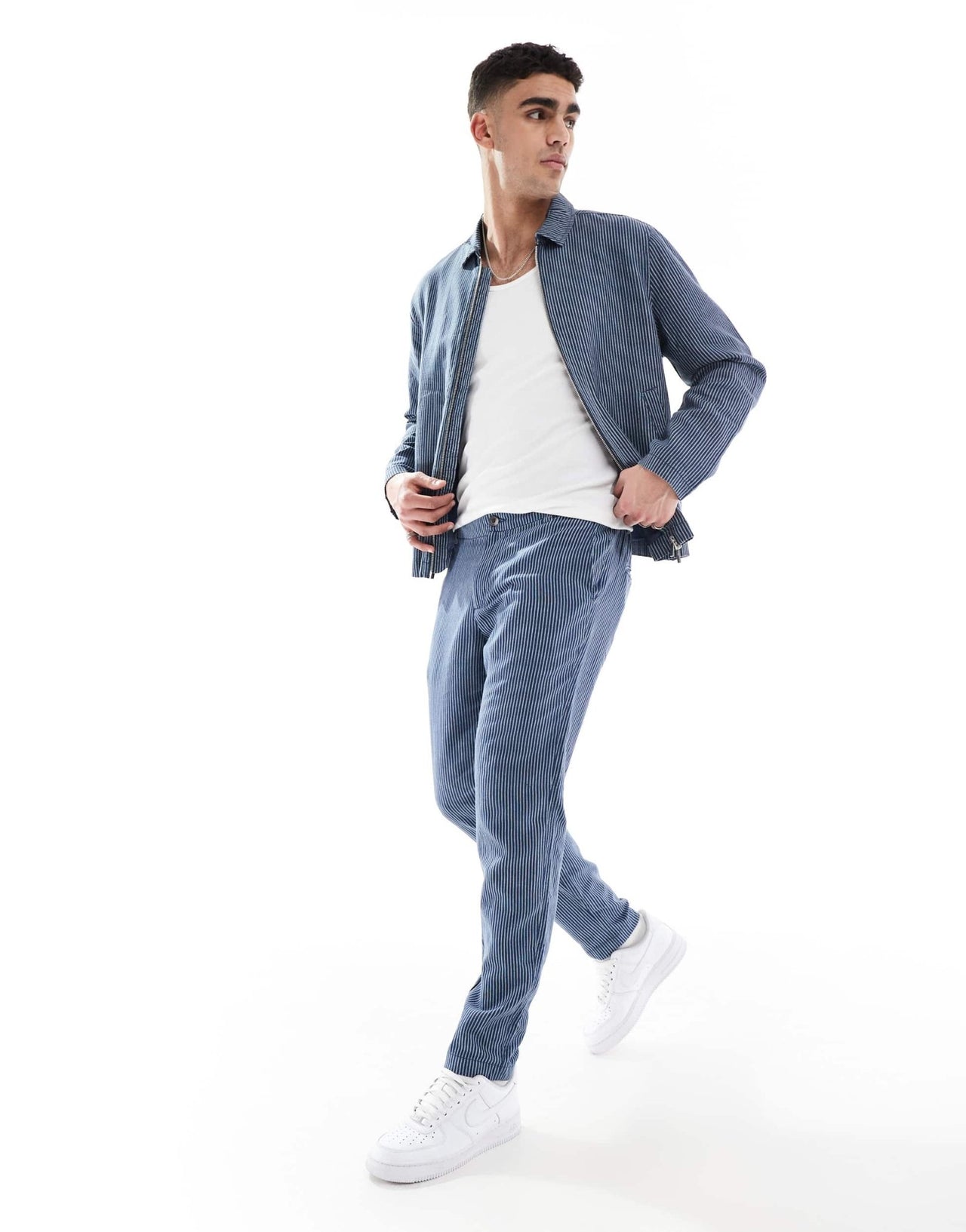 New Look linen look striped harrington jacket co - ord in blue - ASOS Sample Sale