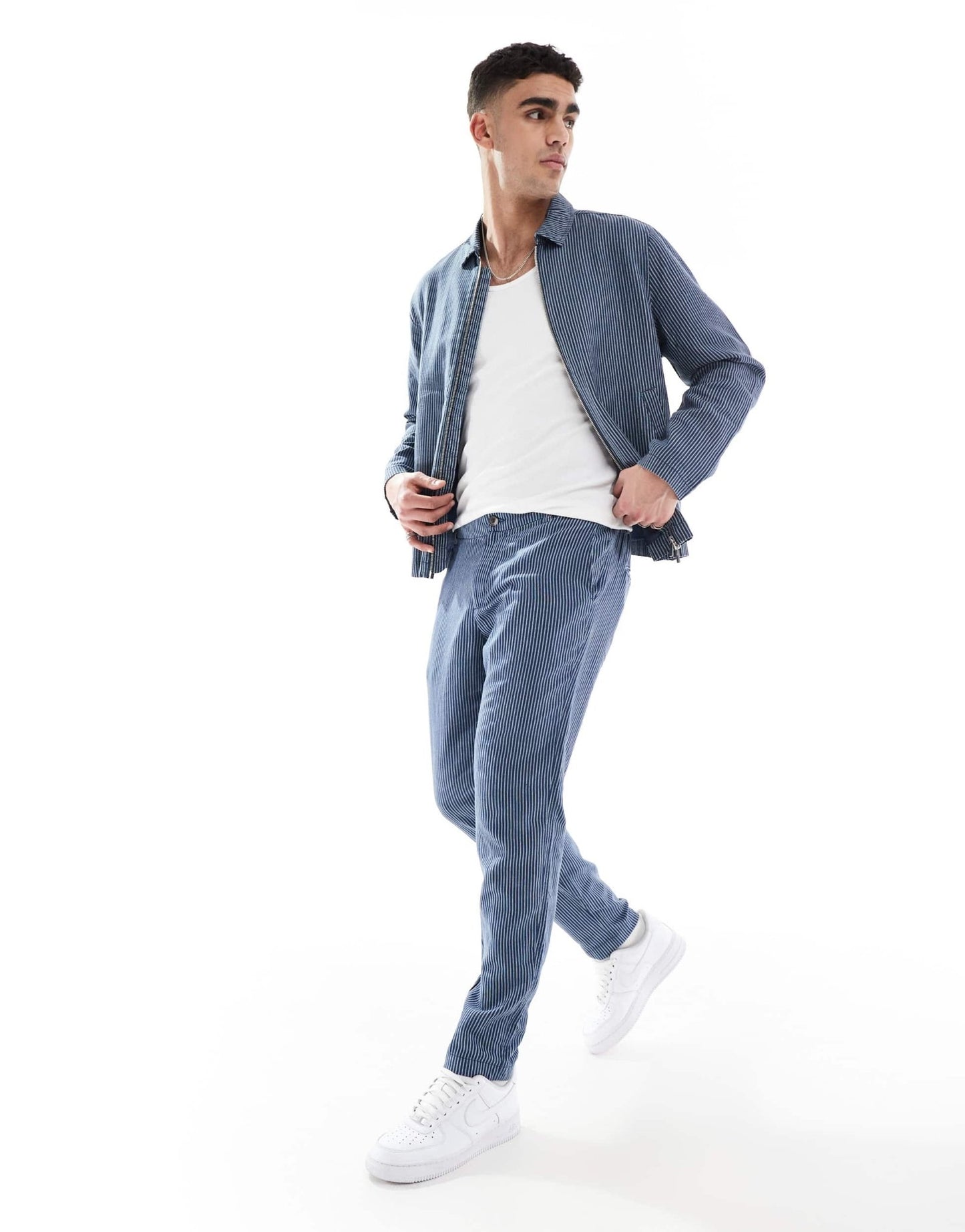 New Look linen look striped harrington jacket co - ord in blue - ASOS Sample Sale