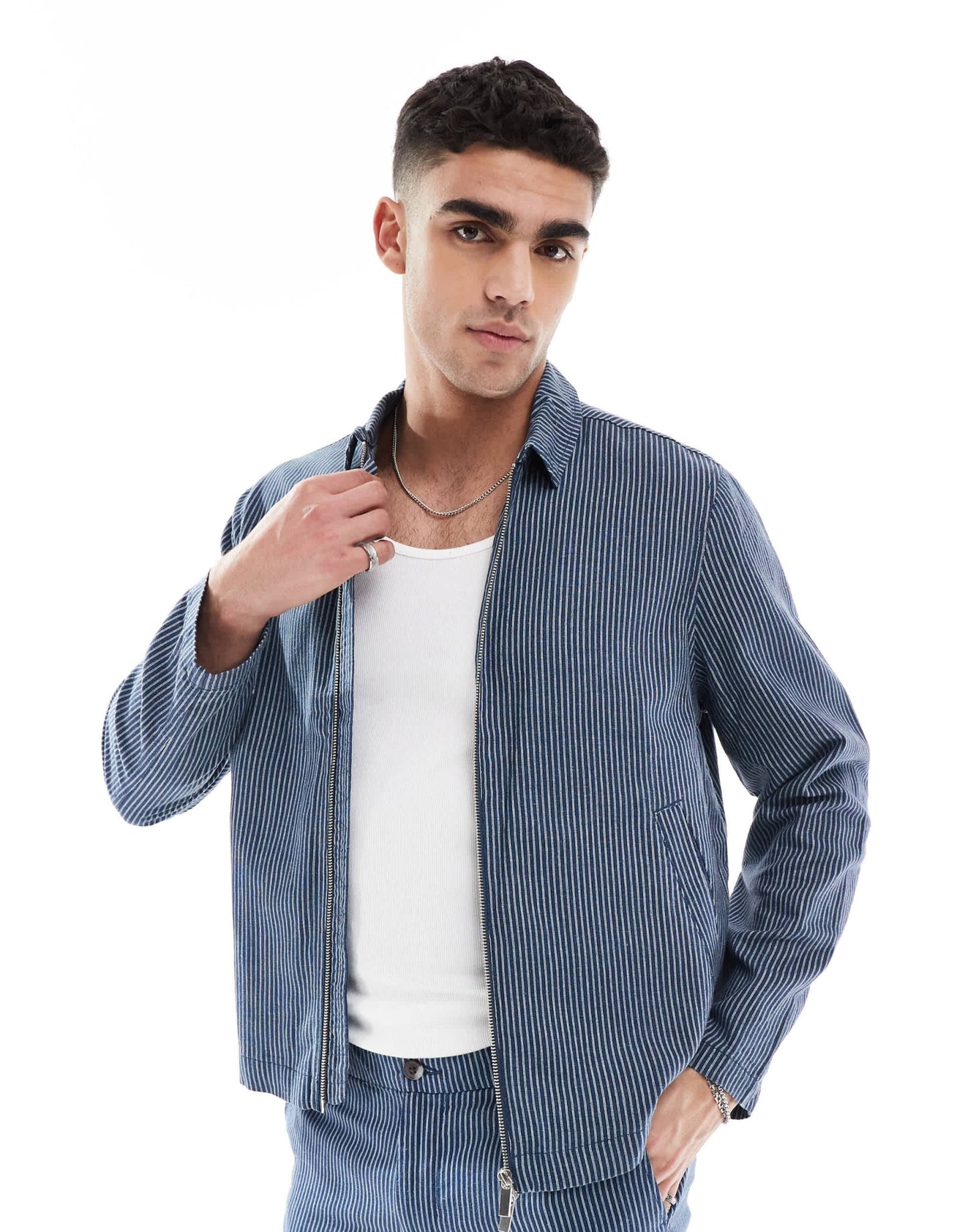 New Look linen look striped harrington jacket co - ord in blue - ASOS Sample Sale