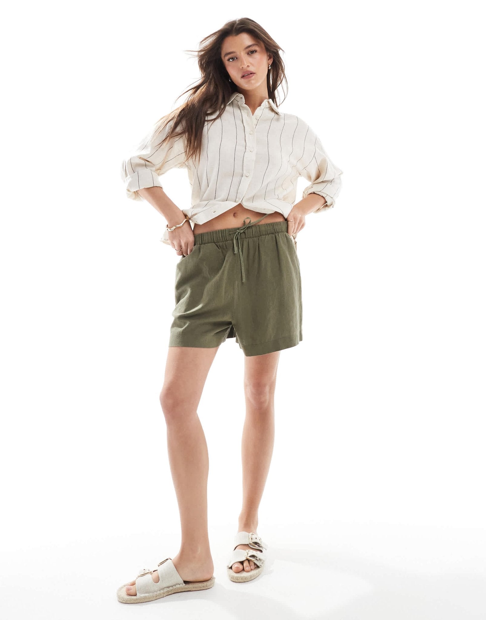 New look linen pull on short in khaki - ASOS Sample Sale