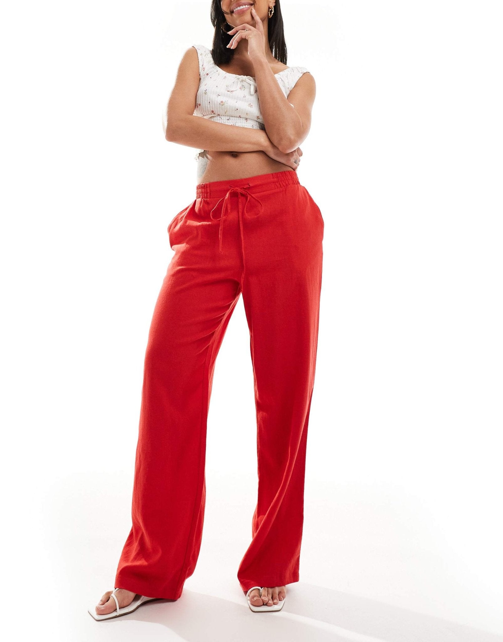 New Look linen wide leg trousers in red - ASOS Sample Sale