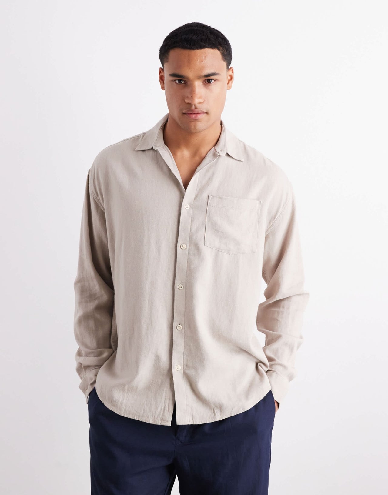 New Look long sleeve floaty linen look shirt co-ord in stone - ASOS Sample Sale