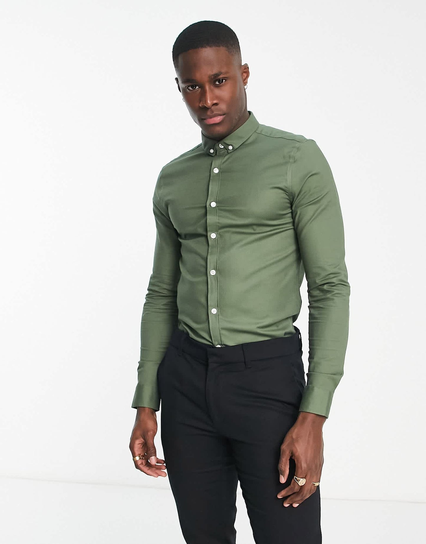 New Look long sleeve muscle fit oxford shirt in khaki - ASOS Sample Sale