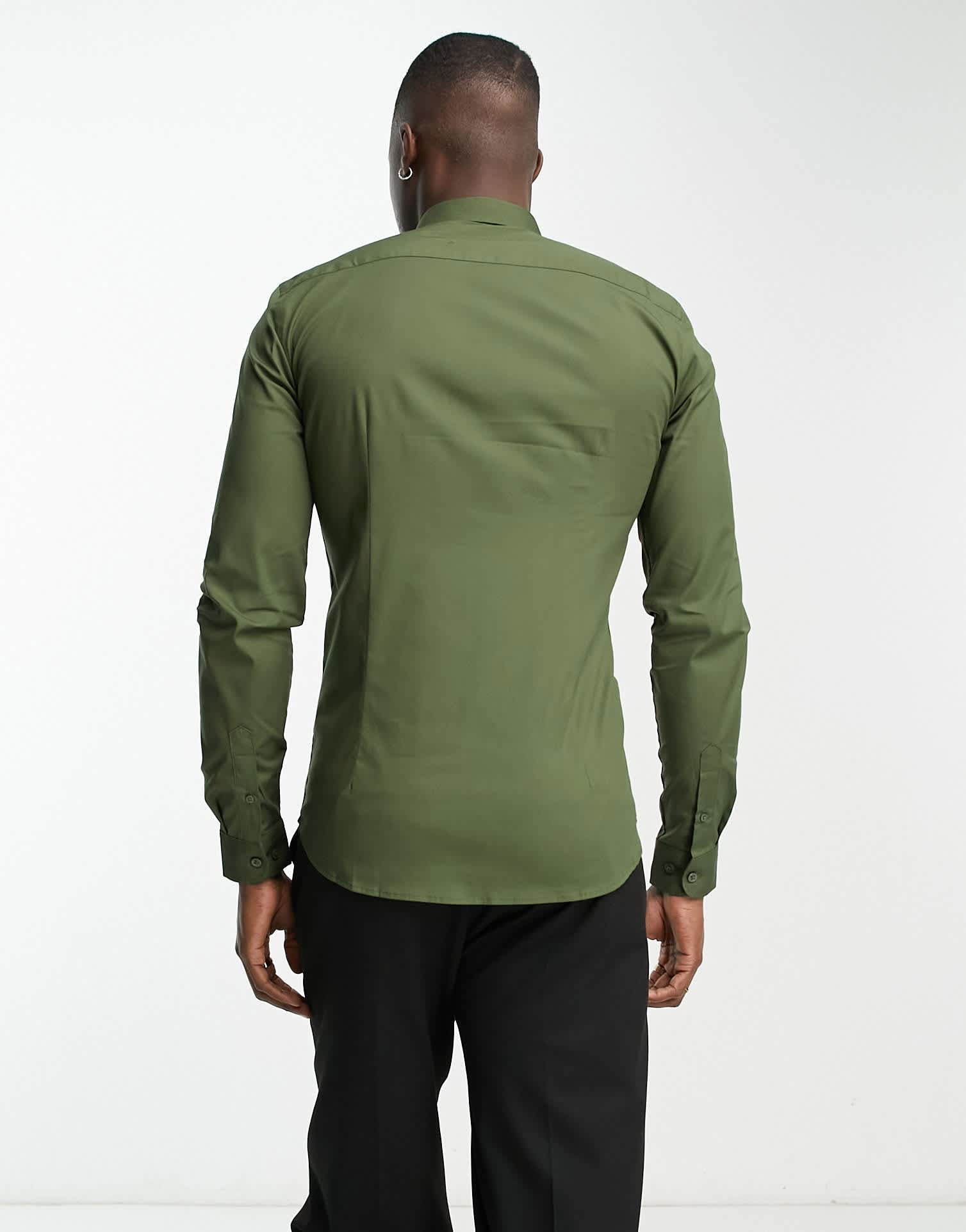 New Look long sleeve muscle fit poplin shirt in khaki - ASOS Sample Sale