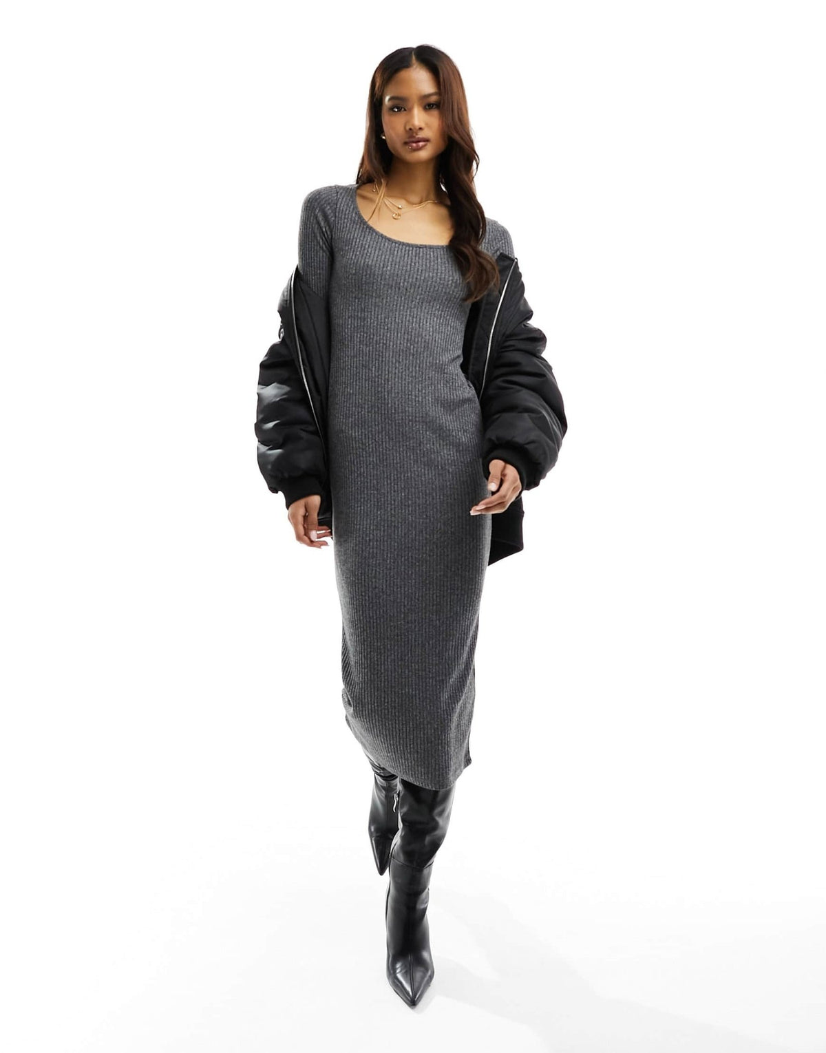 New Look long sleeve scoop neck midi dress in dark grey - ASOS Sample Sale
