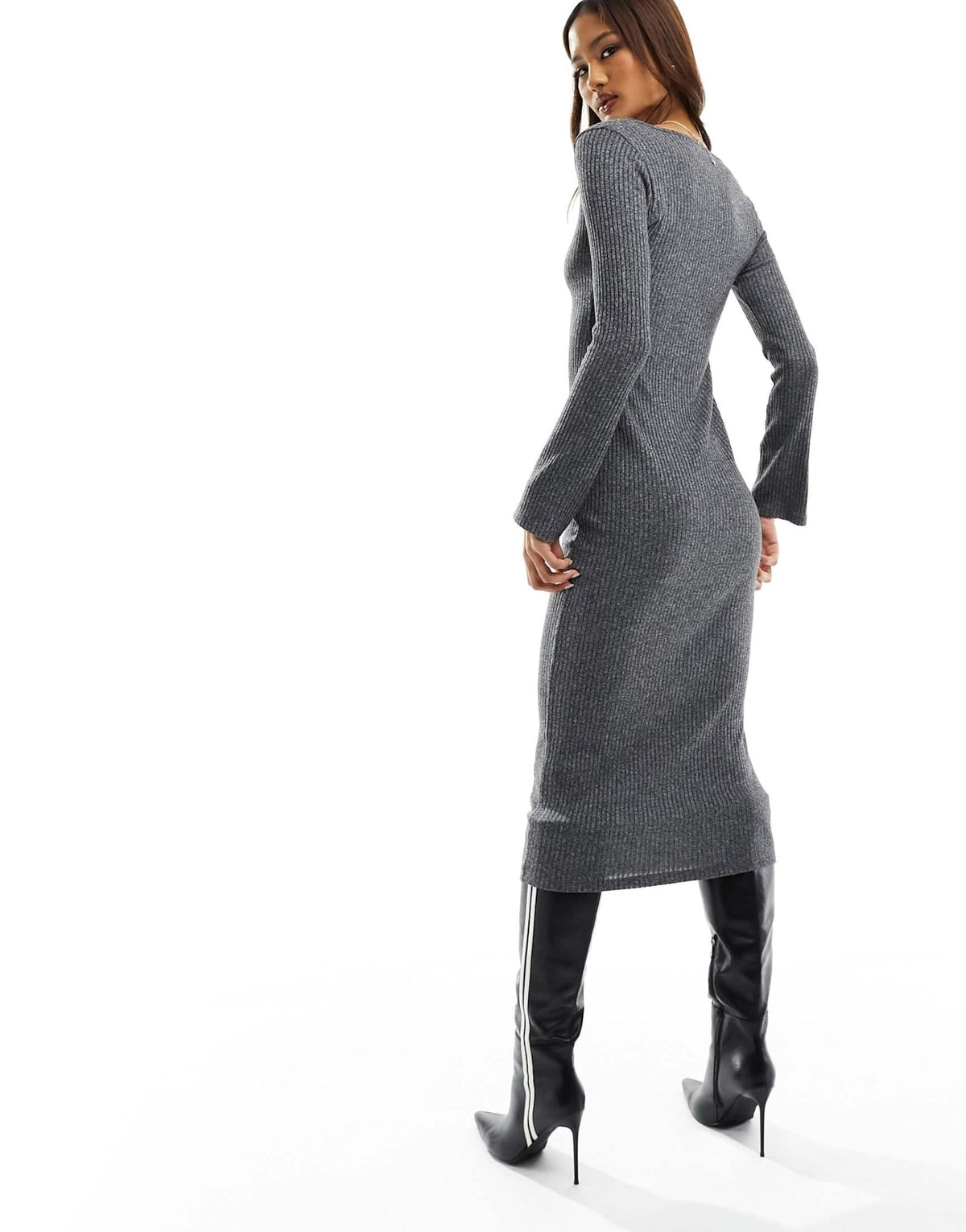 New Look long sleeve scoop neck midi dress in dark grey - ASOS Sample Sale