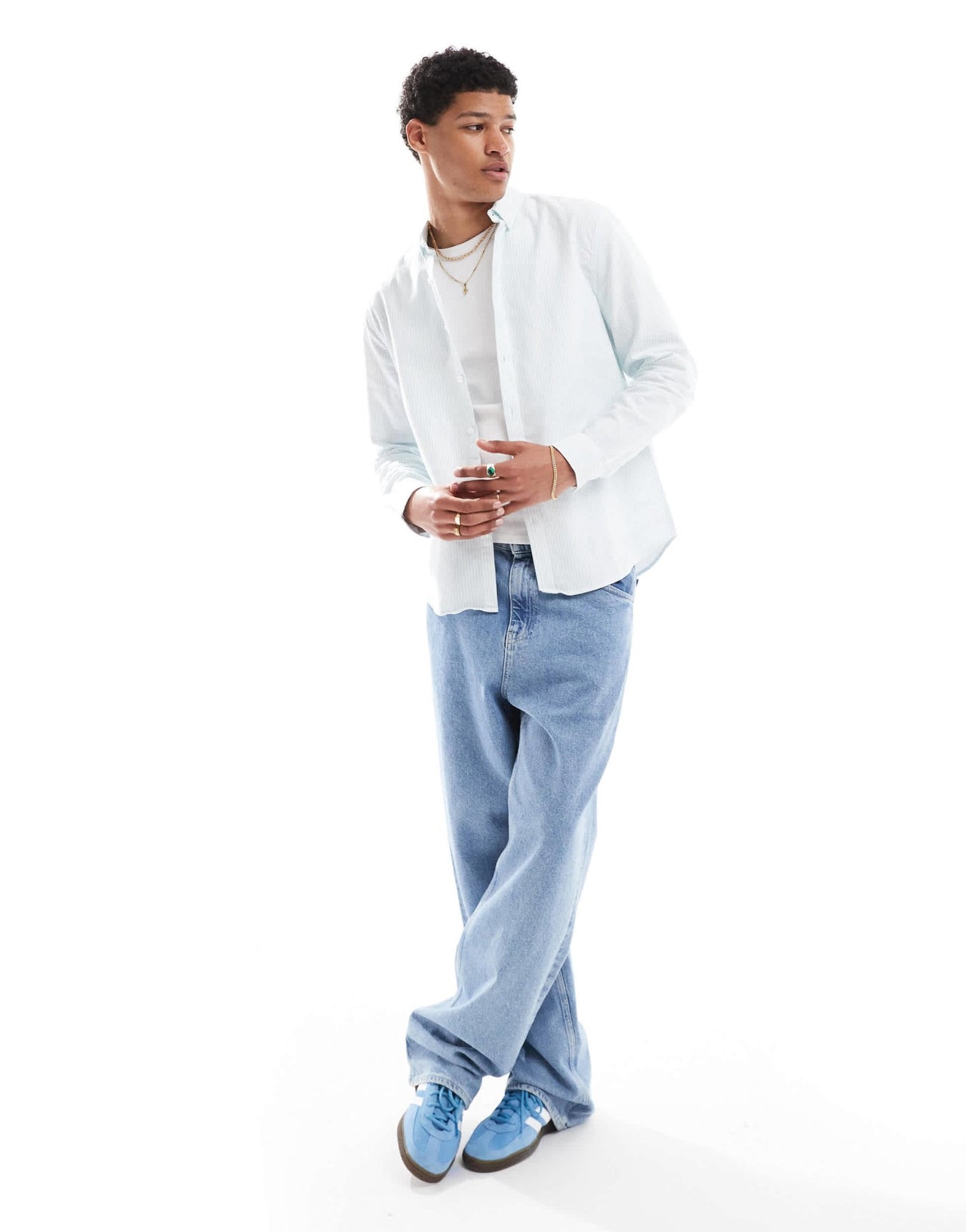 New Look long sleeve stripe shirt in light blue - ASOS Sample Sale