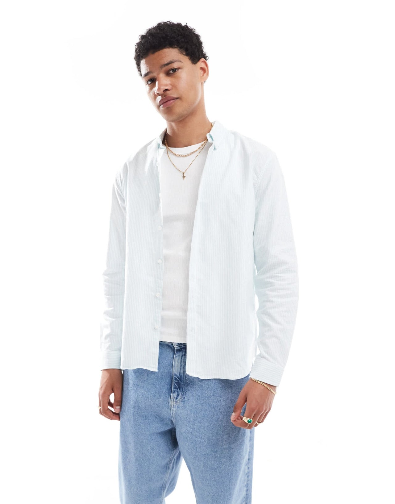 New Look long sleeve stripe shirt in light blue - ASOS Sample Sale