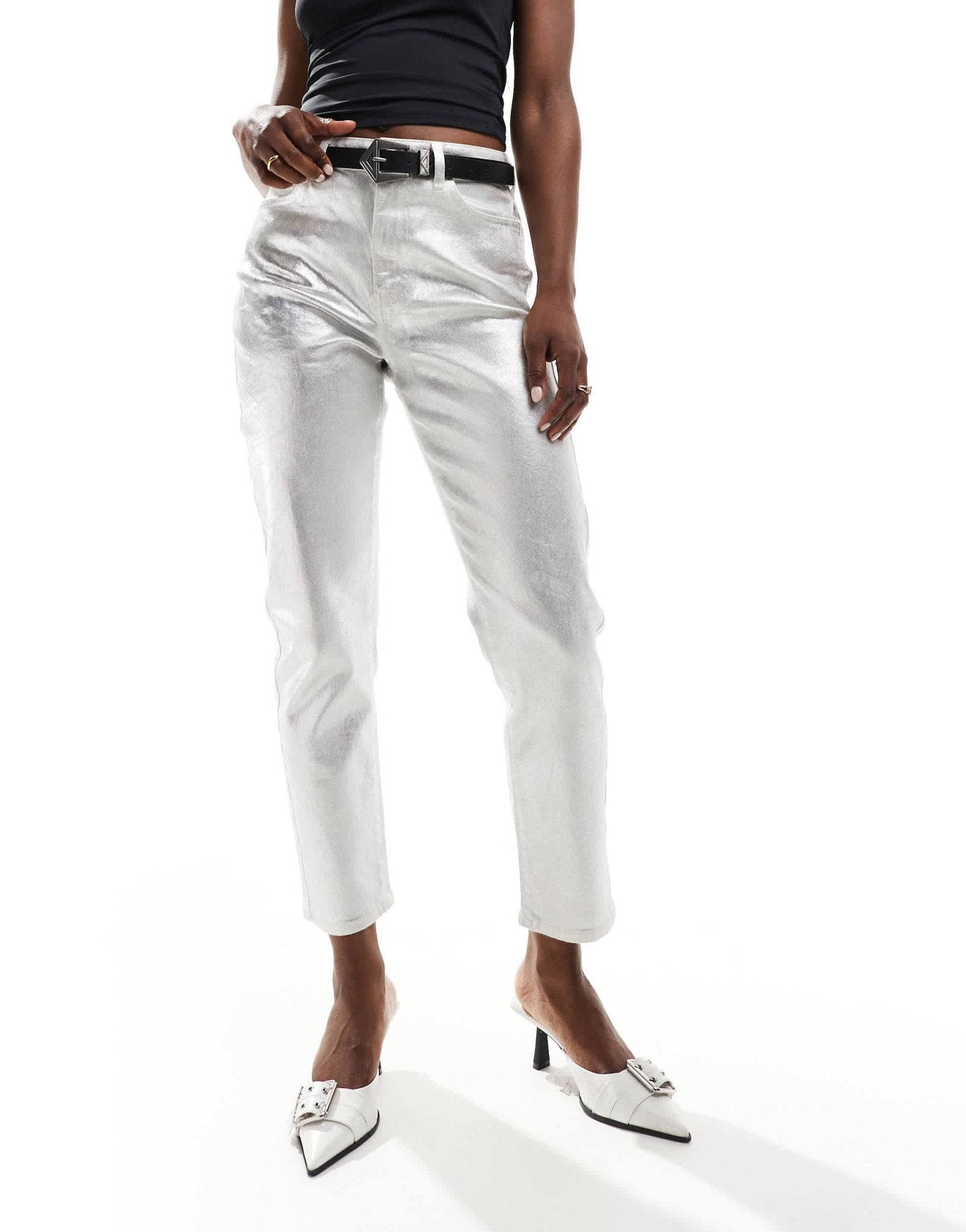 New Look metallic straight leg jean in silver - ASOS Sample Sale