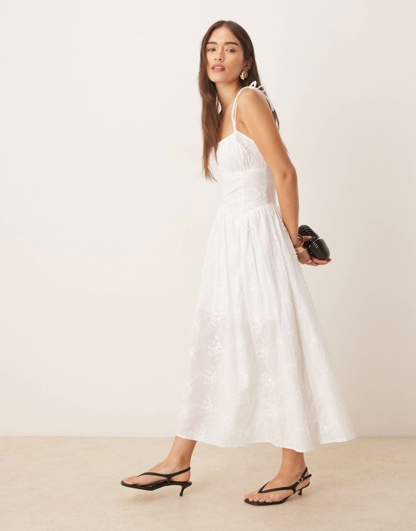 New Look milkmaid broderie strappy midi dress in white - ASOS Sample Sale