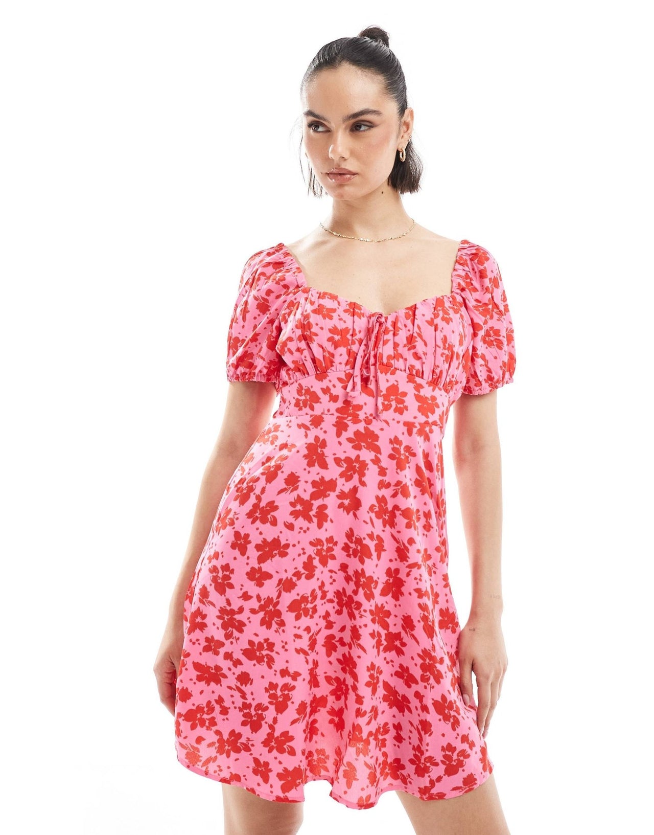 New Look milkmaid mini dress in pink floral - ASOS Sample Sale