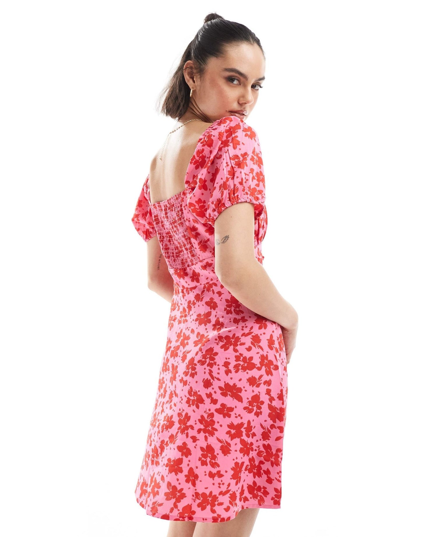 New Look milkmaid mini dress in pink floral - ASOS Sample Sale