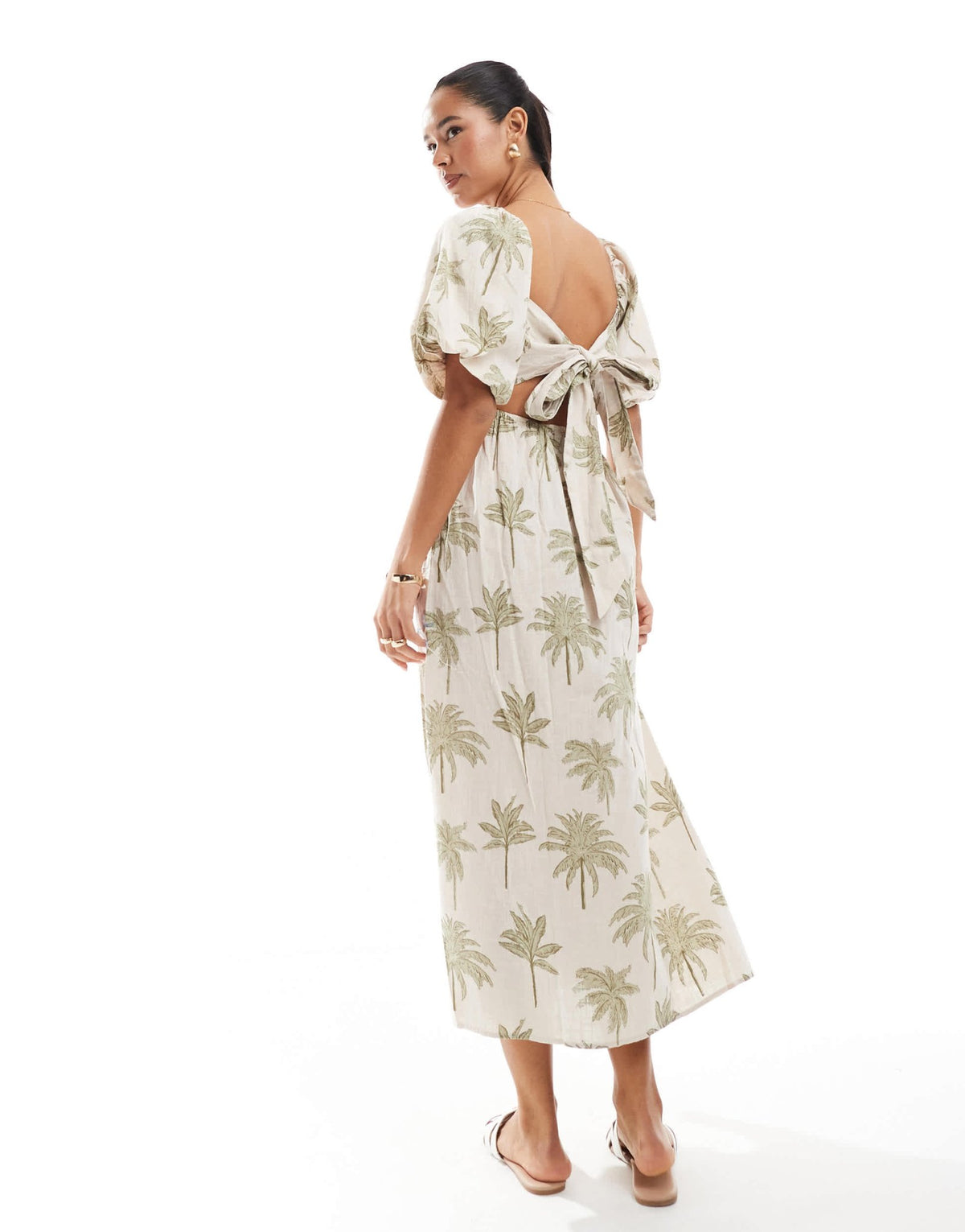 New Look palm print puff sleeve midi dress in white - ASOS Sample Sale