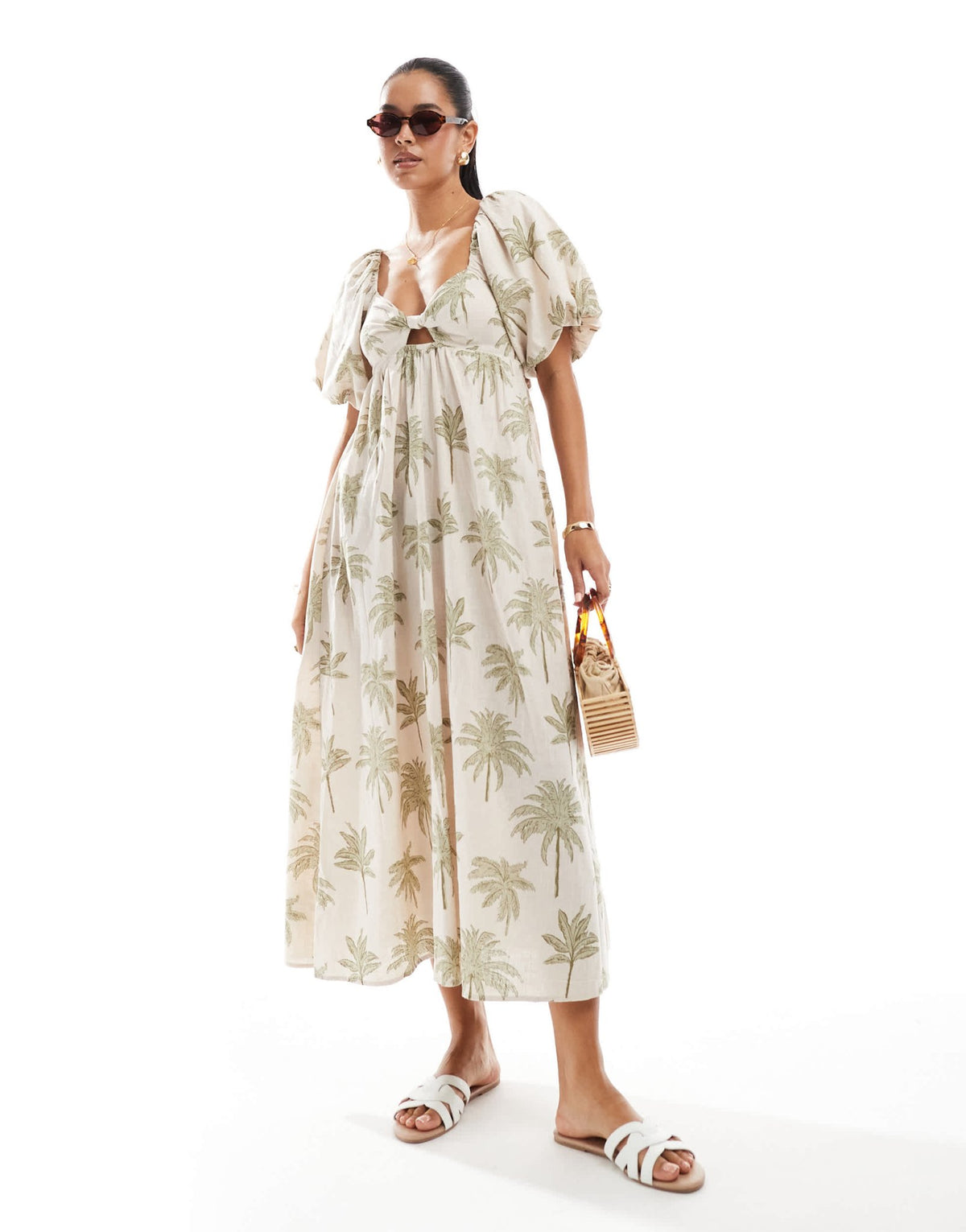 New Look palm print puff sleeve midi dress in white - ASOS Sample Sale