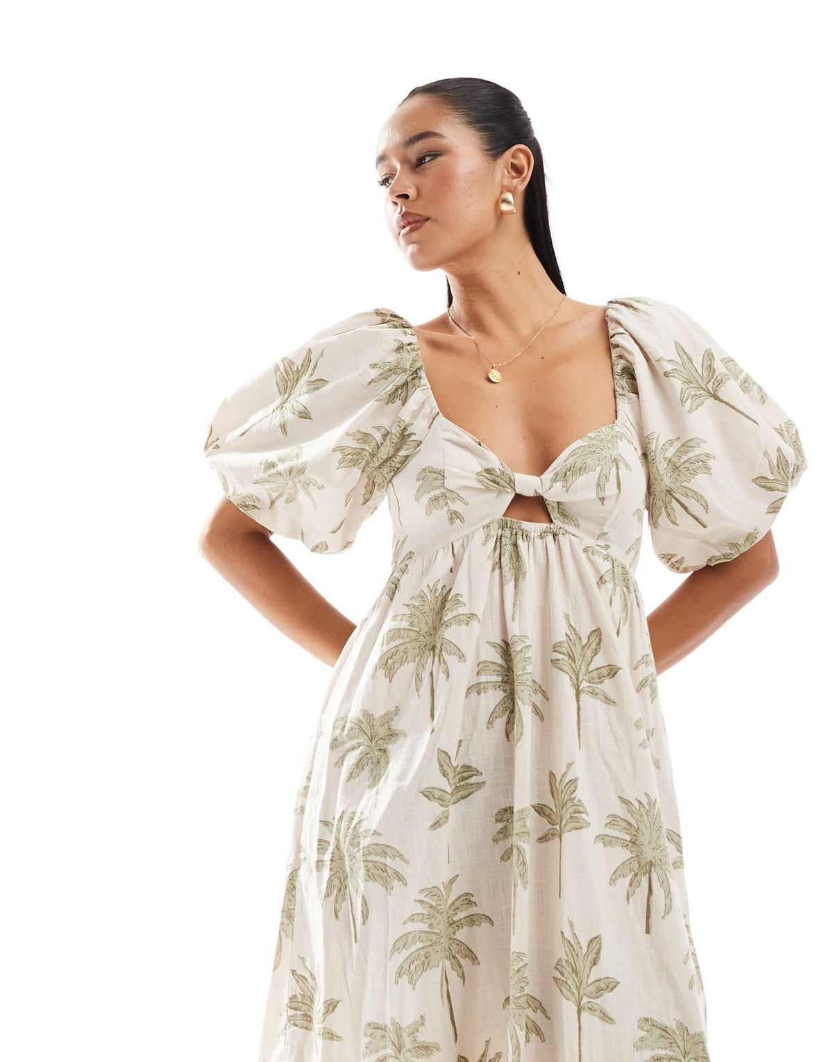 New Look palm print puff sleeve midi dress in white - ASOS Sample Sale