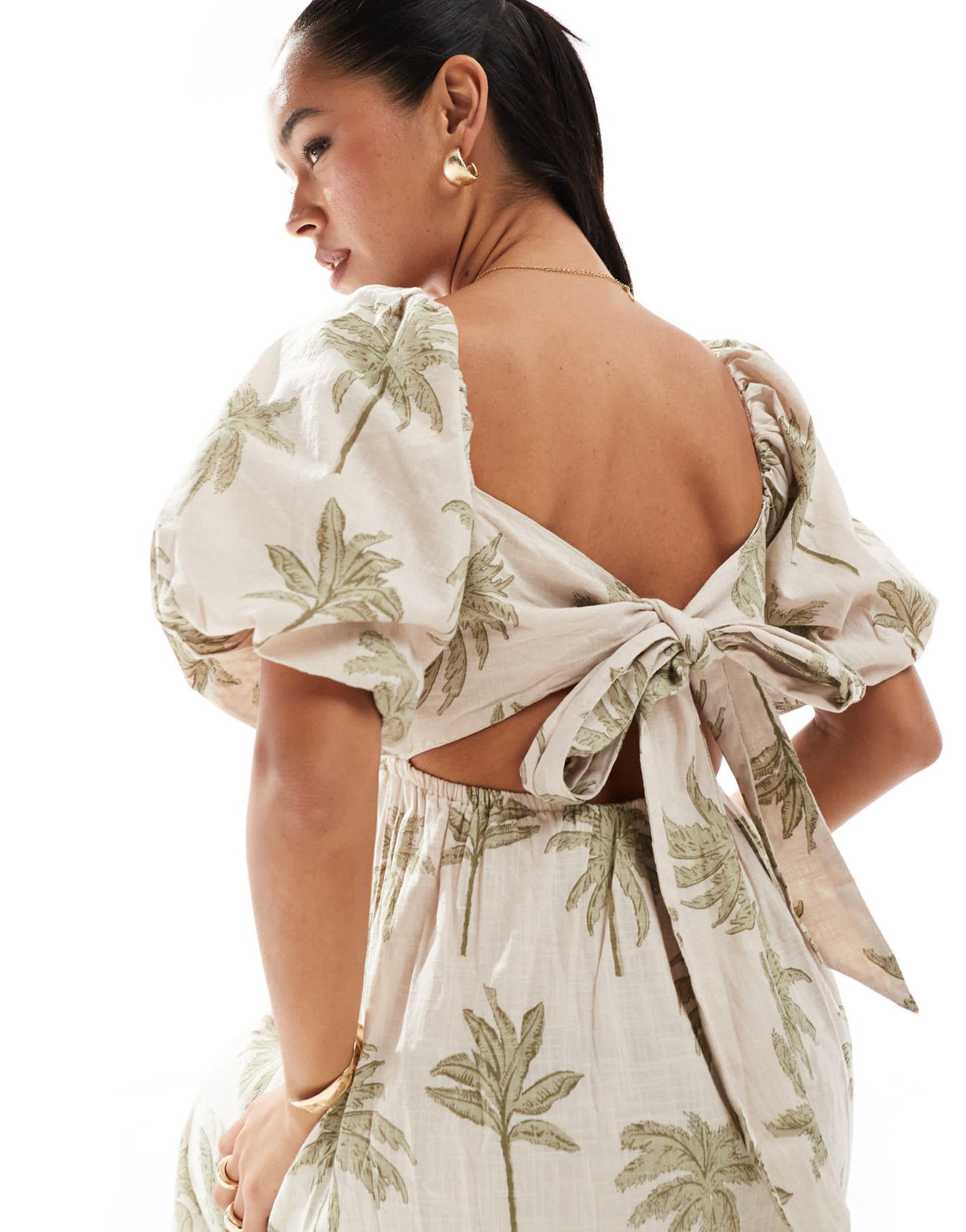 New Look palm print puff sleeve midi dress in white - ASOS Sample Sale