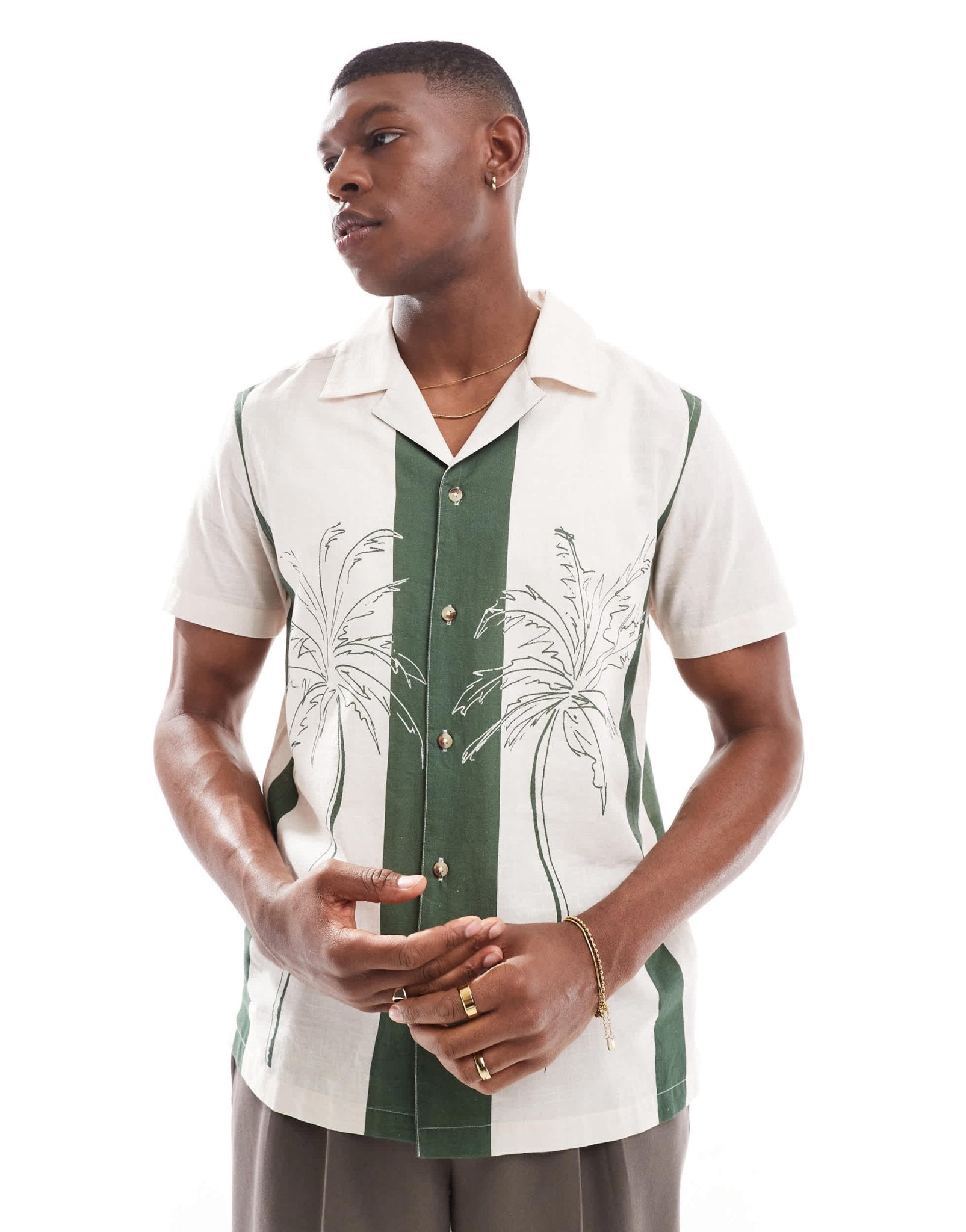 New Look palm print retro bowling shirt in green - ASOS Sample Sale