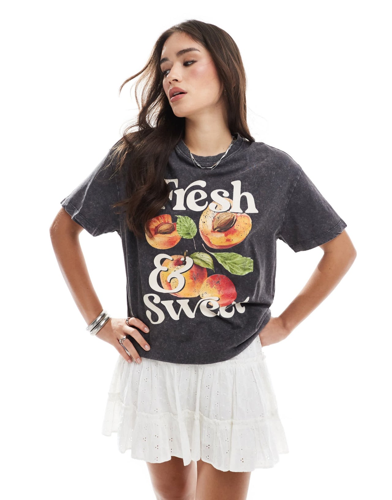 New Look peaches print oversized acid wash t-shirt in grey - ASOS Sample Sale