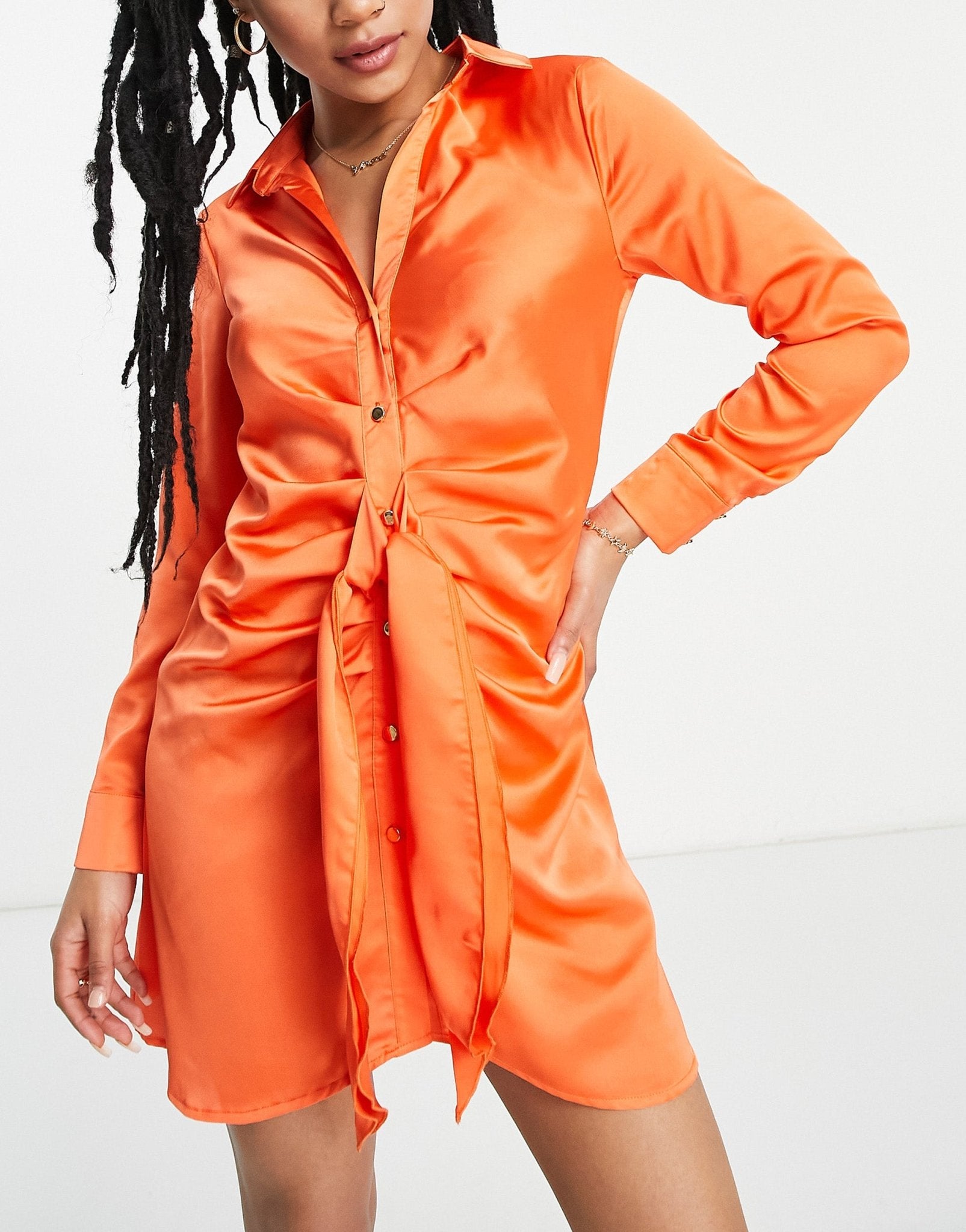 New Look Petite tie front satin dress in orange - ASOS Sample Sale
