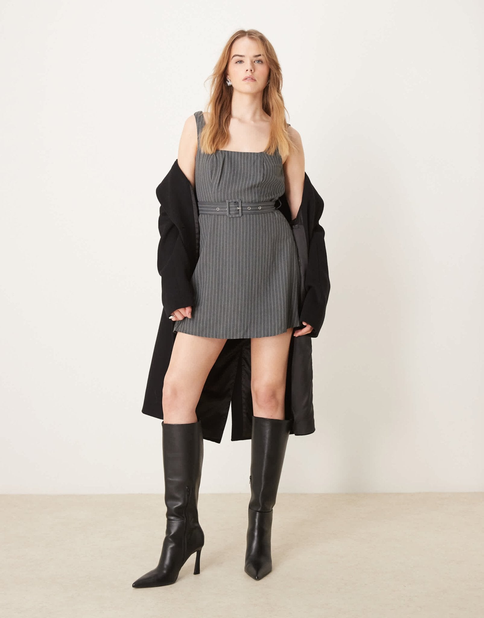 New Look pinstripe belted pinny dress in grey - ASOS Sample Sale