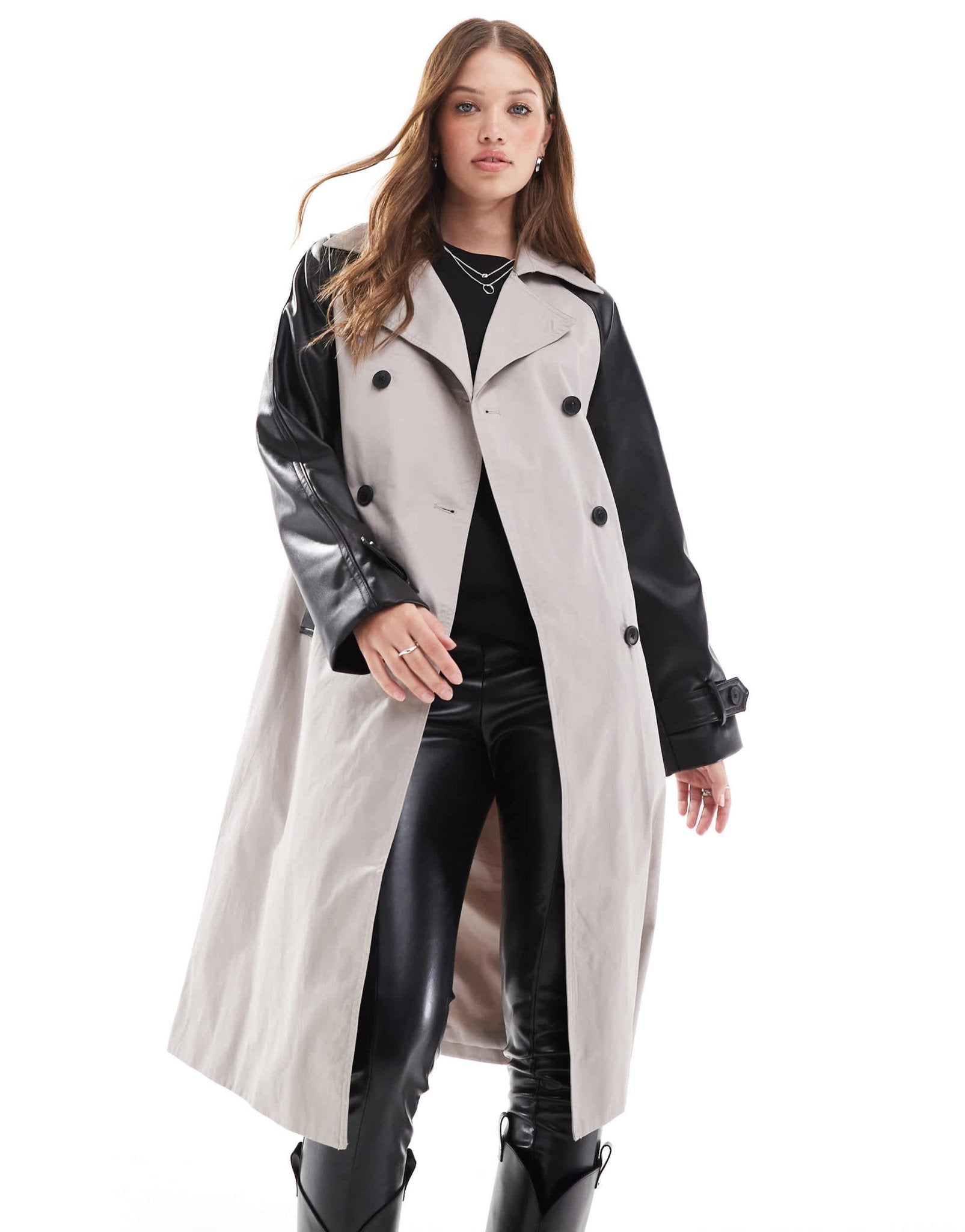 New Look PU sleeve mac in stone - ASOS Sample Sale