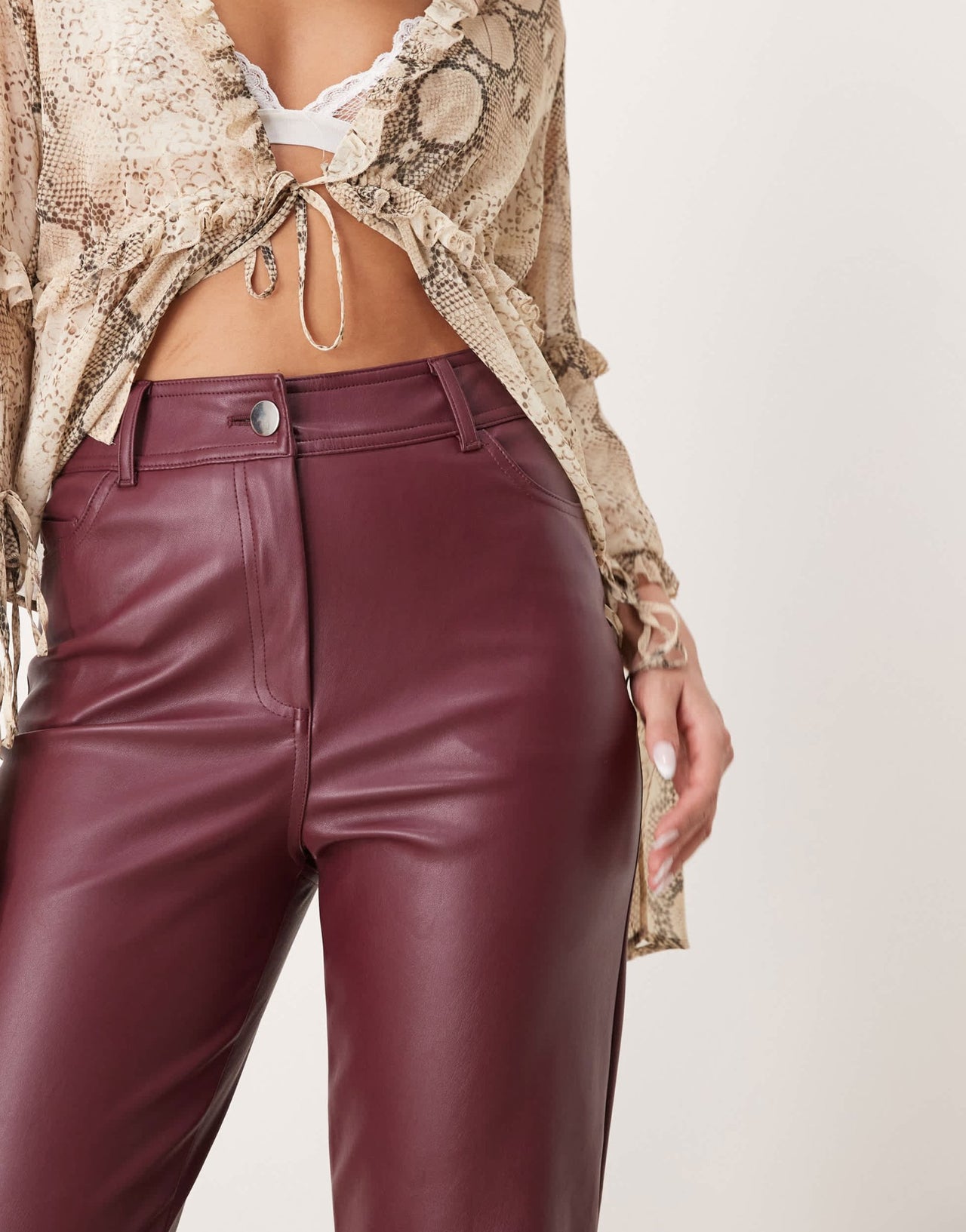 New Look PU straight leg trousers in burgundy - ASOS Sample Sale