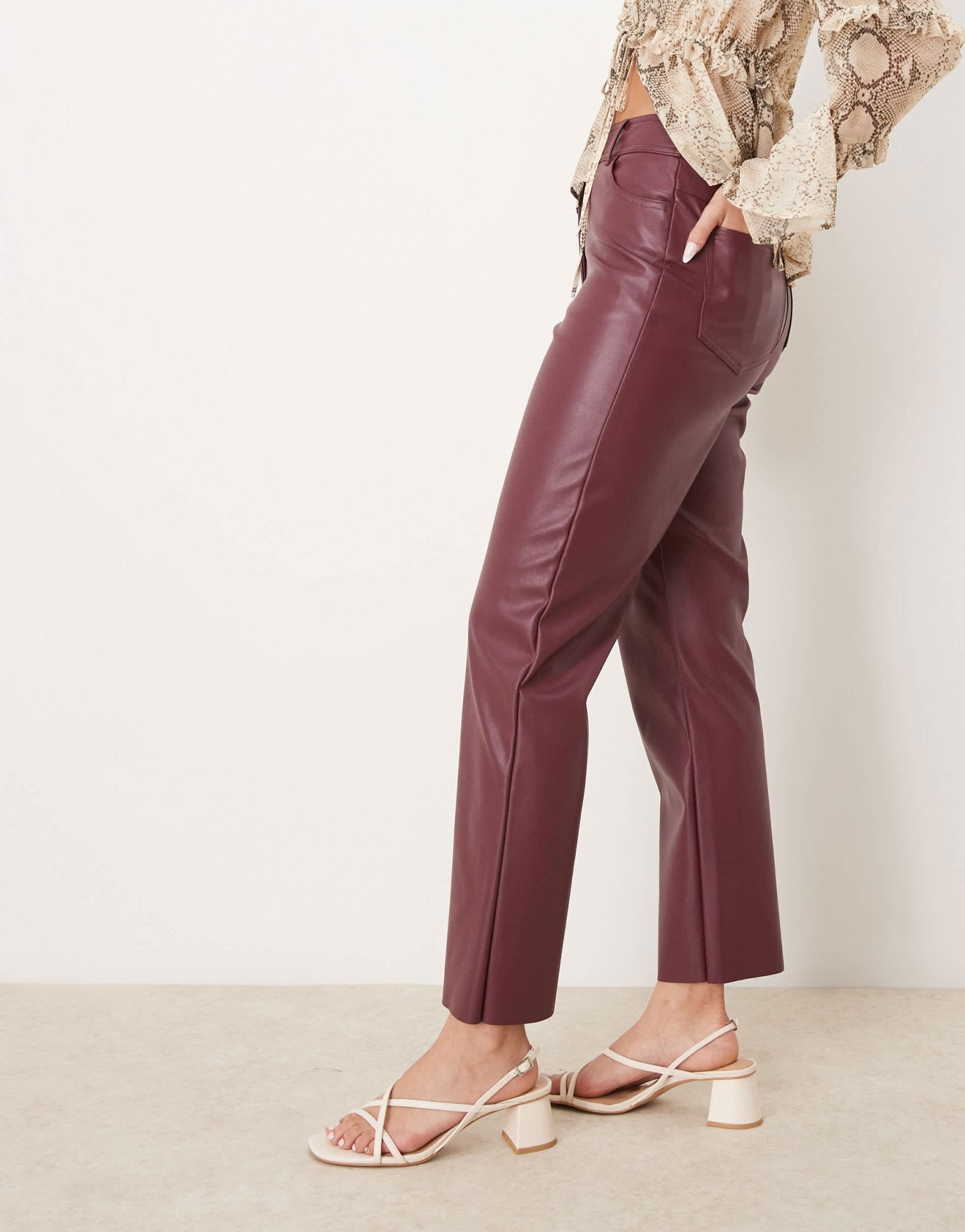 New Look PU straight leg trousers in burgundy - ASOS Sample Sale