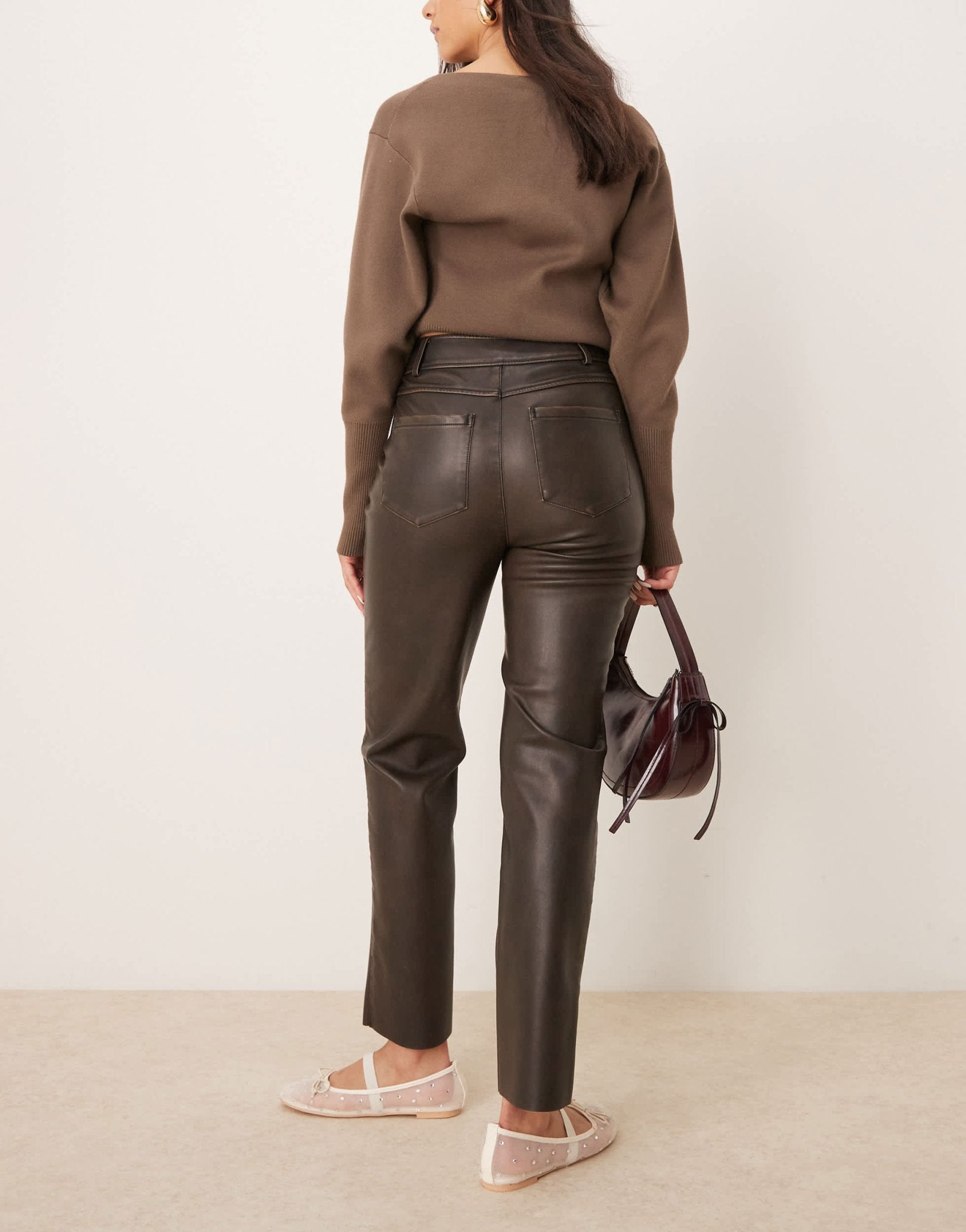 New Look PU straight leg trousers in washed brown - ASOS Sample Sale