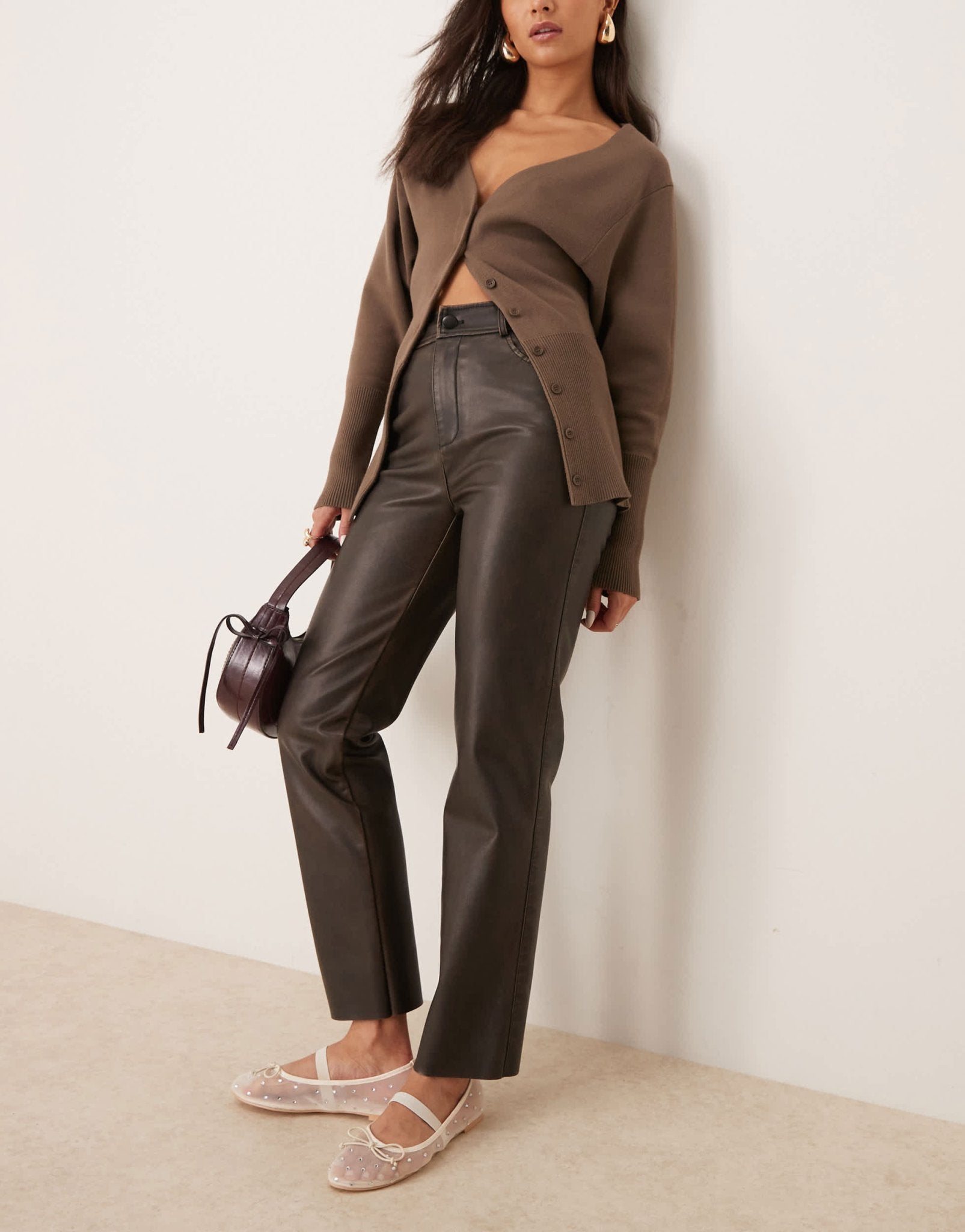 New Look PU straight leg trousers in washed brown - ASOS Sample Sale