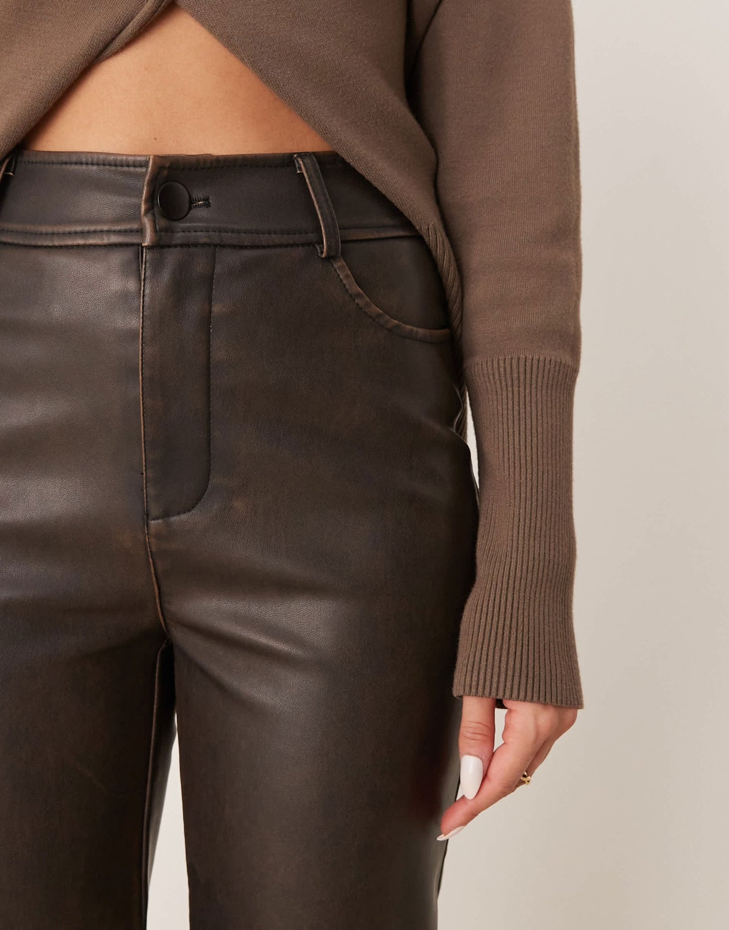 New Look PU straight leg trousers in washed brown - ASOS Sample Sale