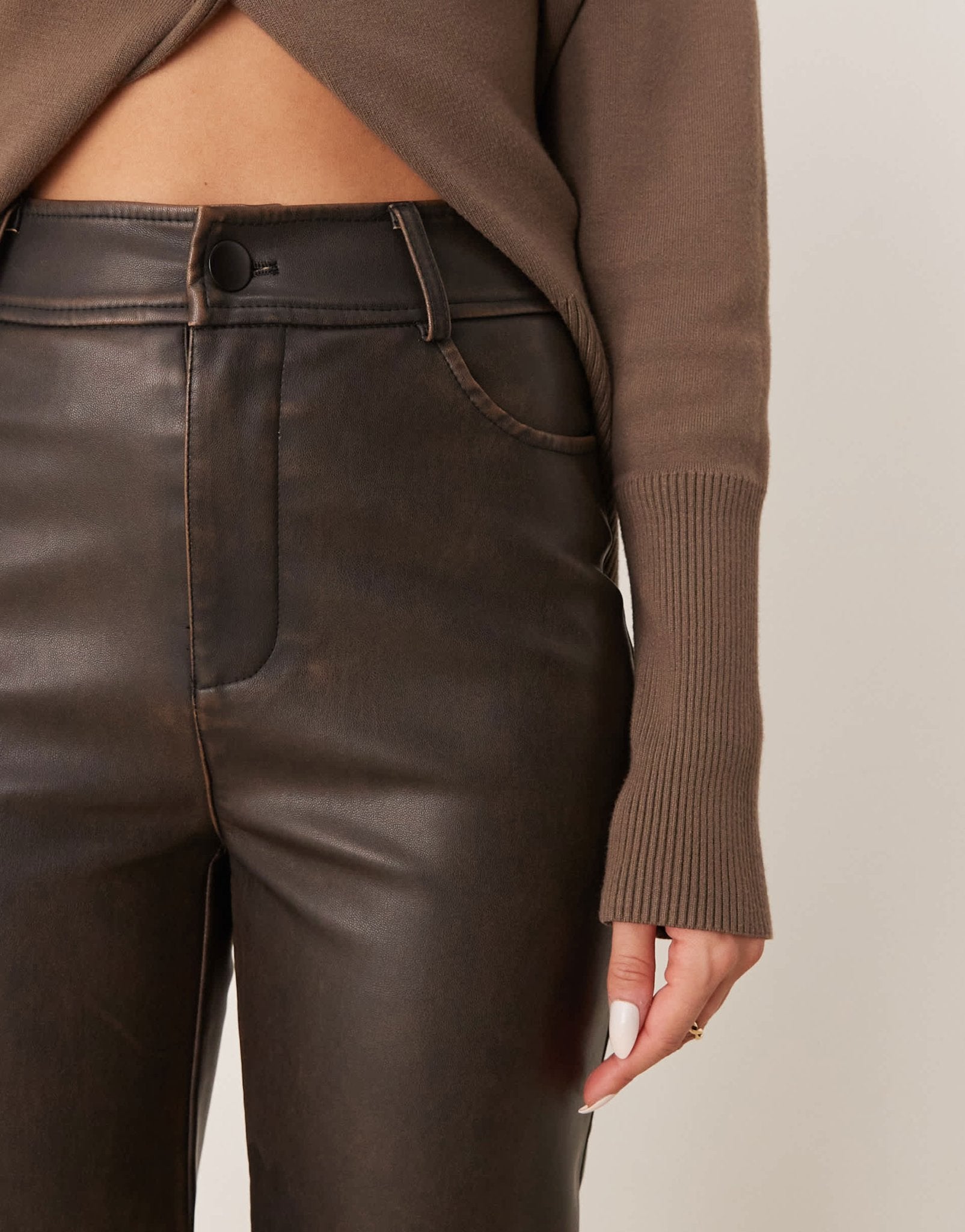 New Look PU straight leg trousers in washed brown - ASOS Sample Sale
