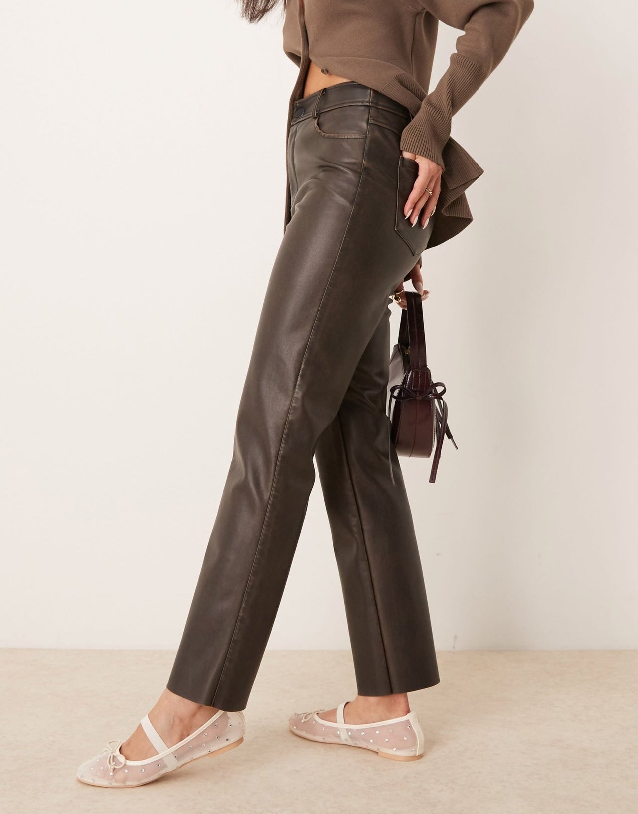 New Look PU straight leg trousers in washed brown - ASOS Sample Sale