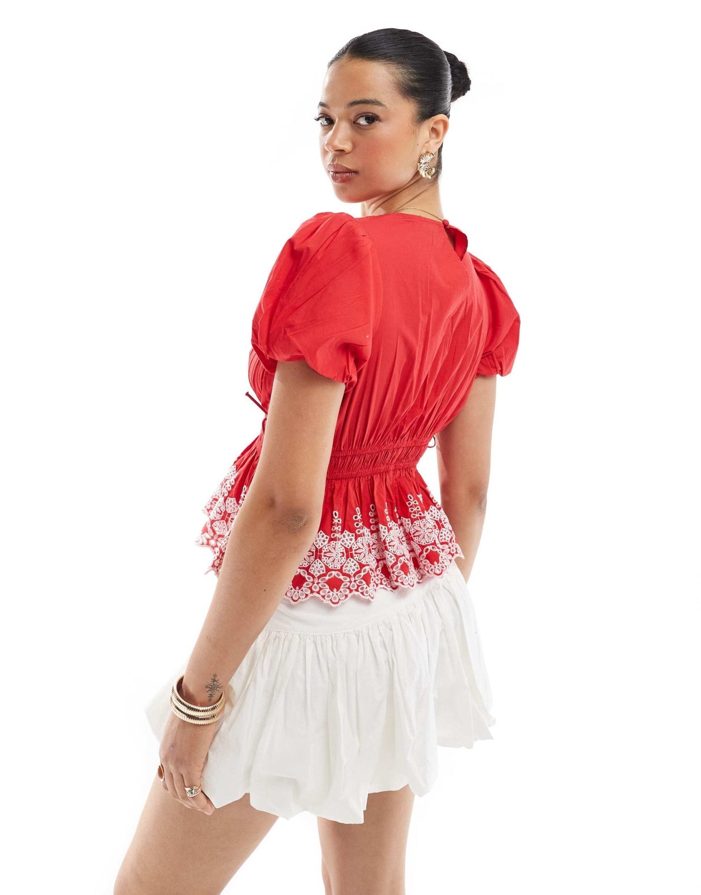 New Look puff sleeve embroidered hem top in red - ASOS Sample Sale