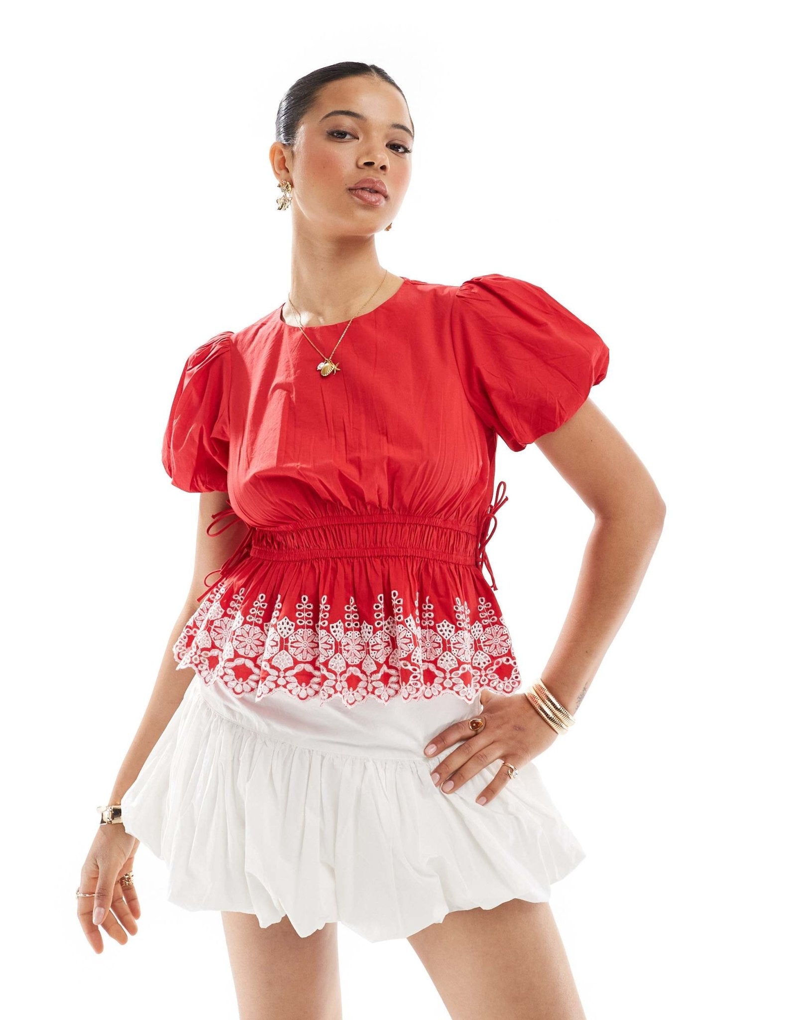New Look puff sleeve embroidered hem top in red - ASOS Sample Sale