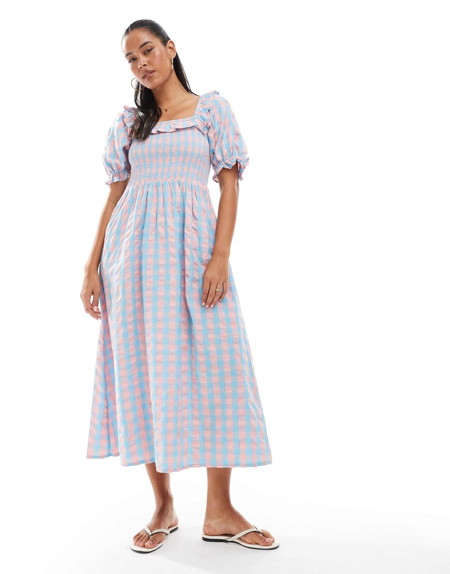 New Look puff sleeve milkmaid dress in blue and pink gingham