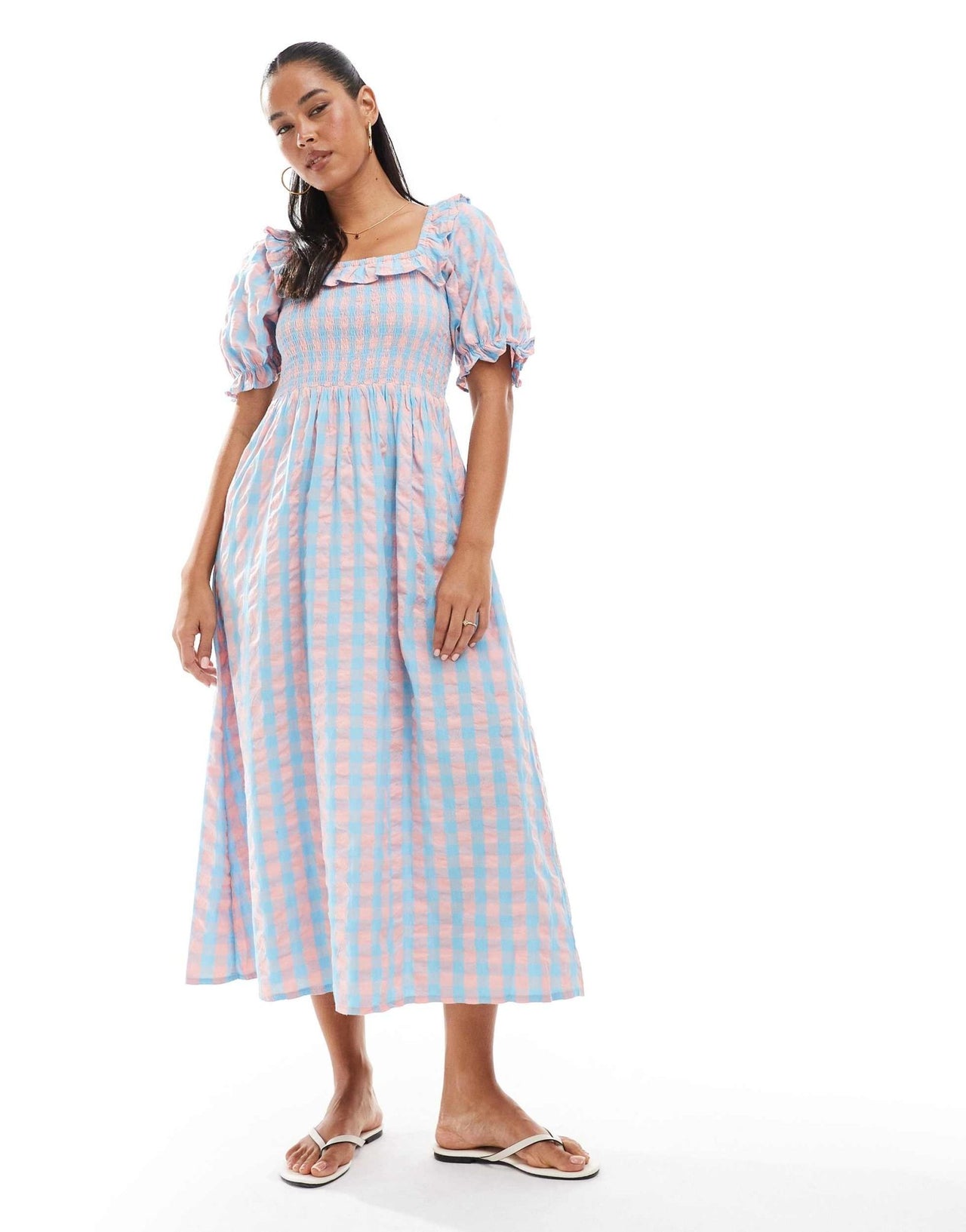 New Look puff sleeve milkmaid dress in blue and pink gingham - ASOS Sample Sale