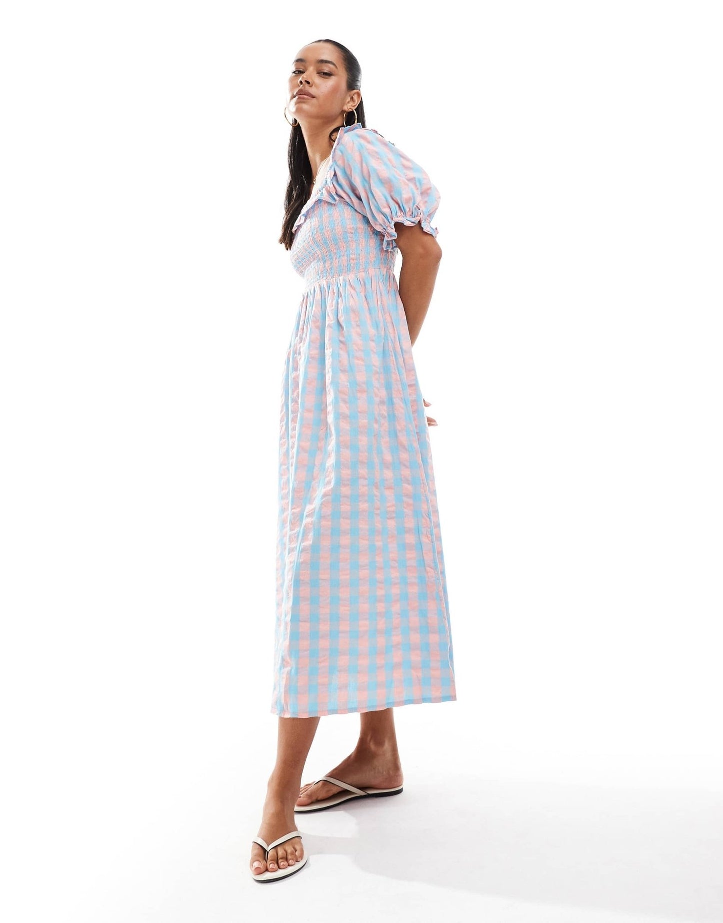 New Look puff sleeve milkmaid dress in blue and pink gingham - ASOS Sample Sale