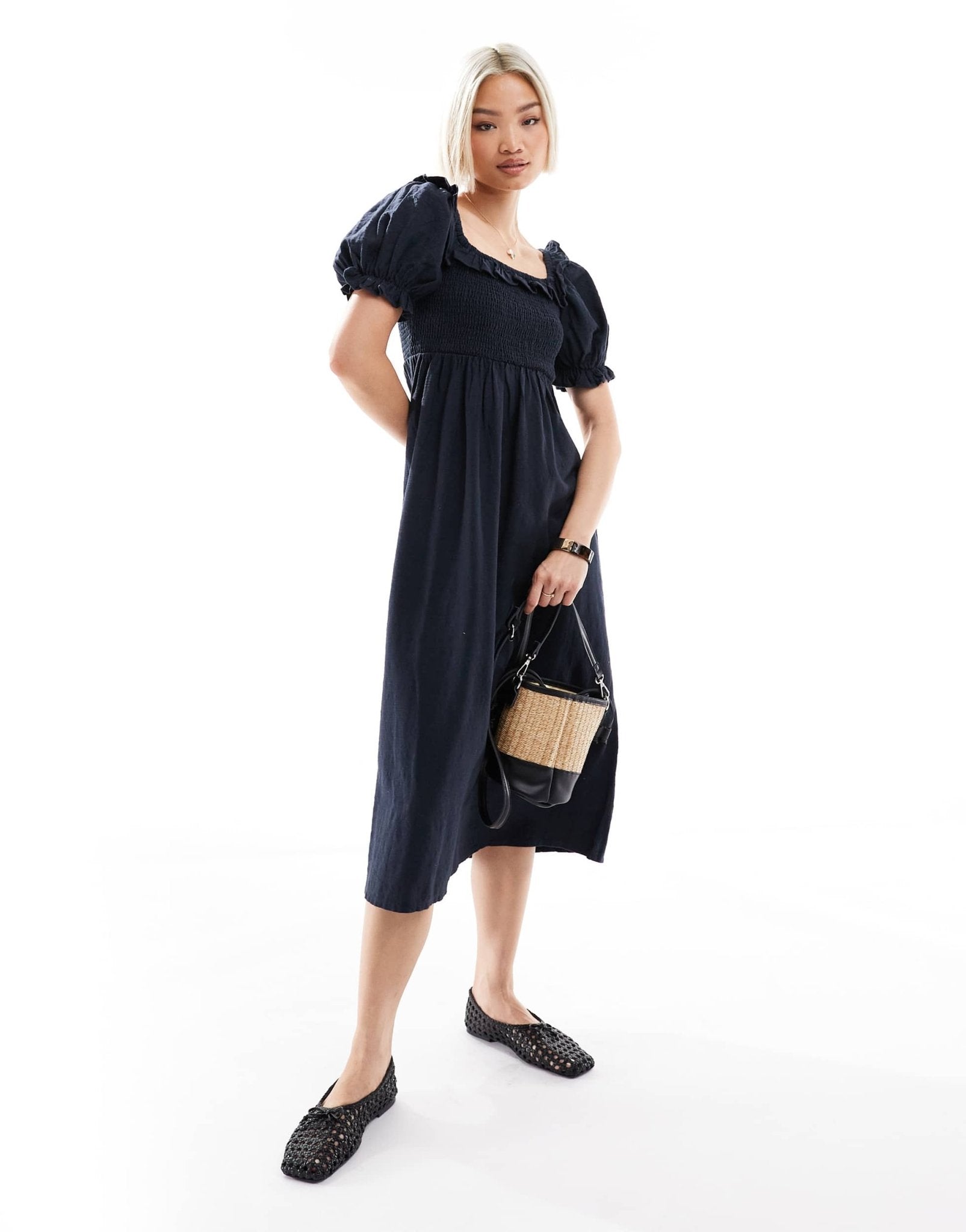New Look puff sleeve milkmaid dress in navy - ASOS Sample Sale