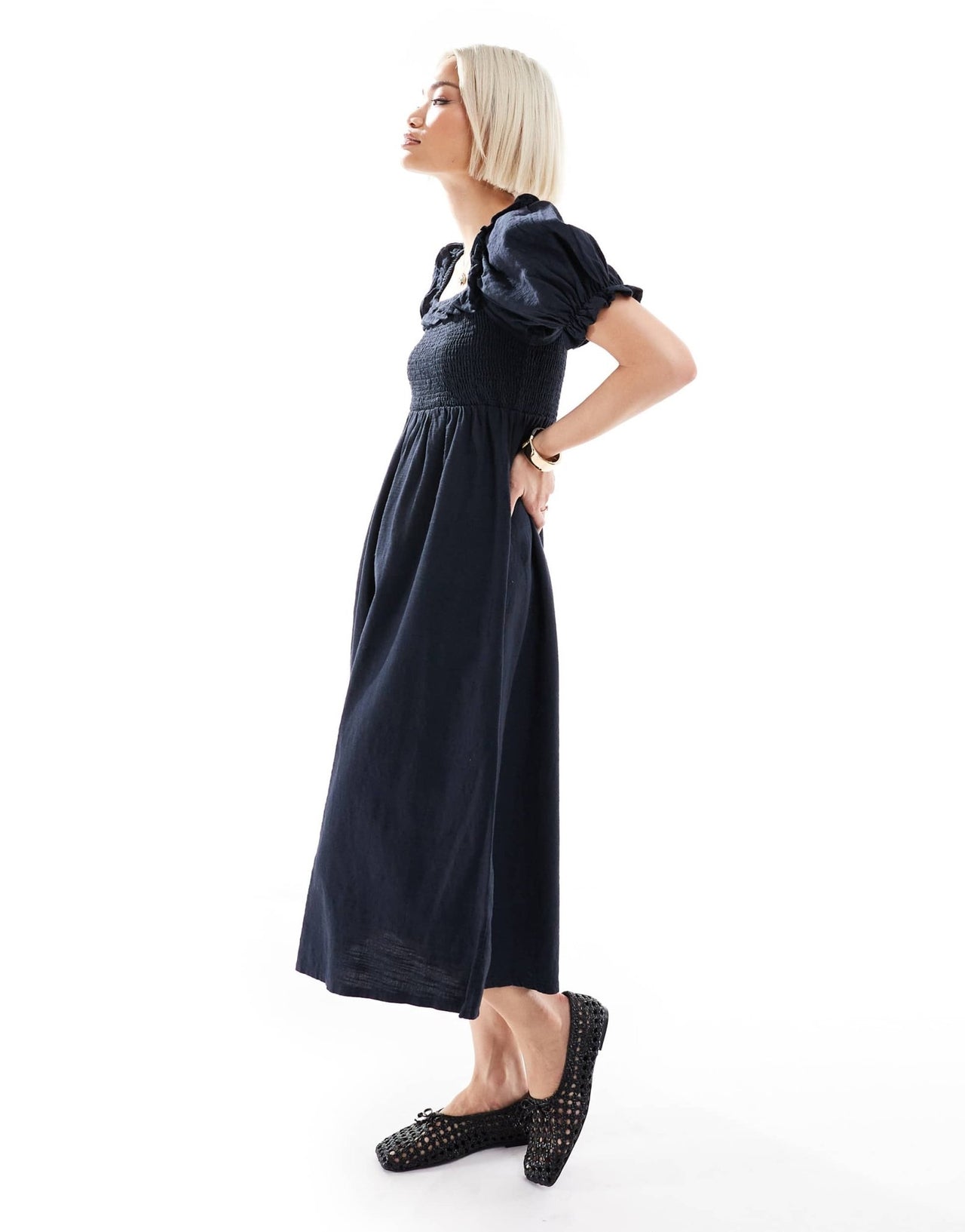 New Look puff sleeve milkmaid dress in navy - ASOS Sample Sale
