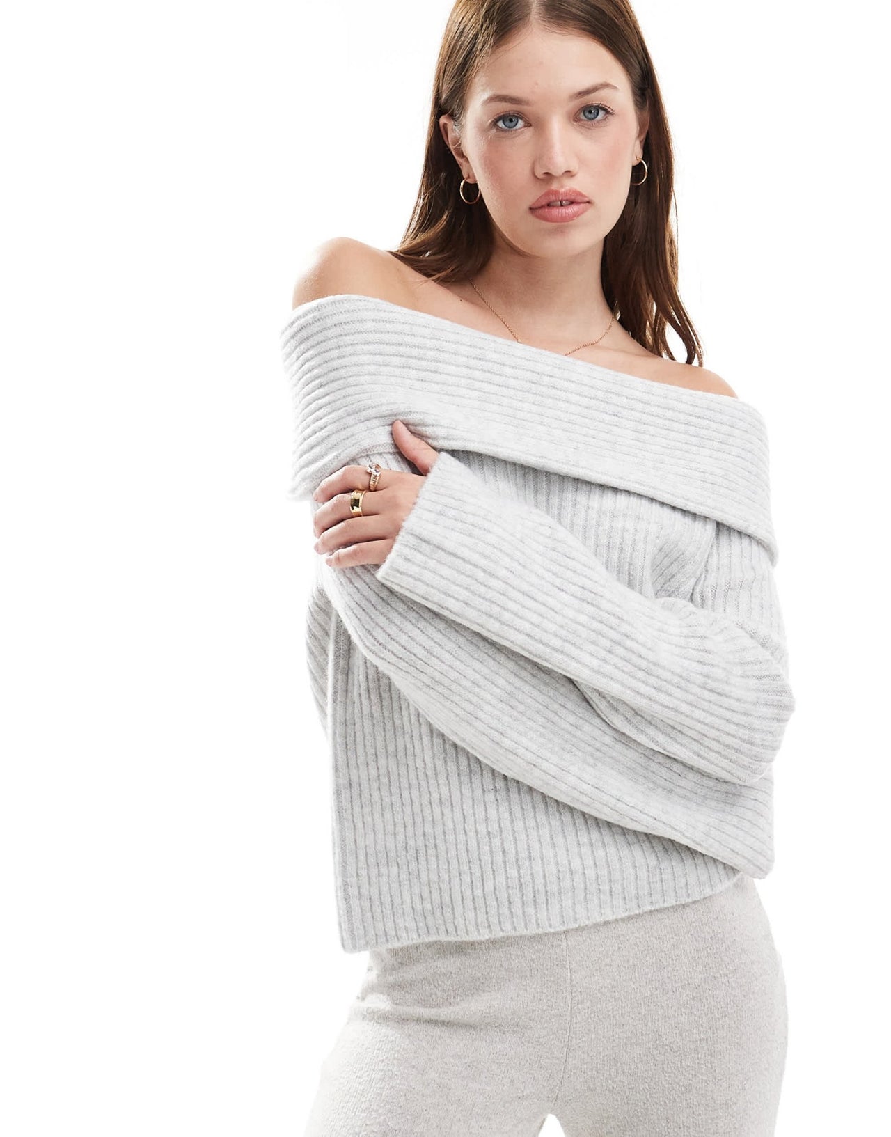 New Look ribbed bardot jumper in grey - ASOS Sample Sale