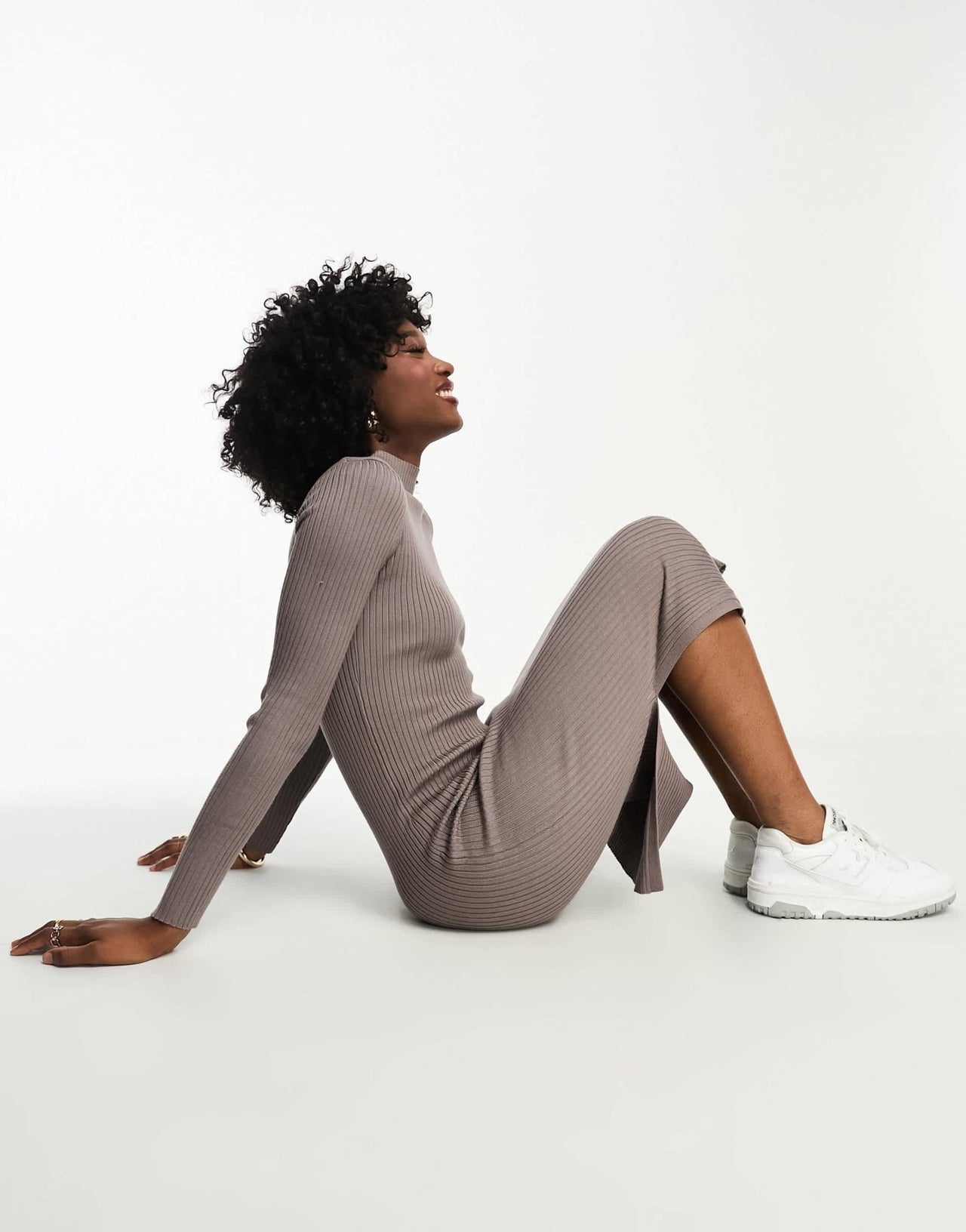 New Look ribbed knitted dress with side split in mink - ASOS Sample Sale