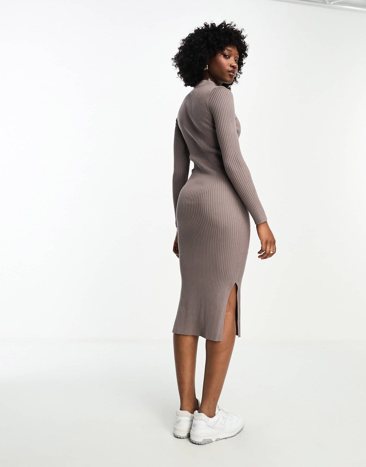 New Look ribbed knitted dress with side split in mink - ASOS Sample Sale