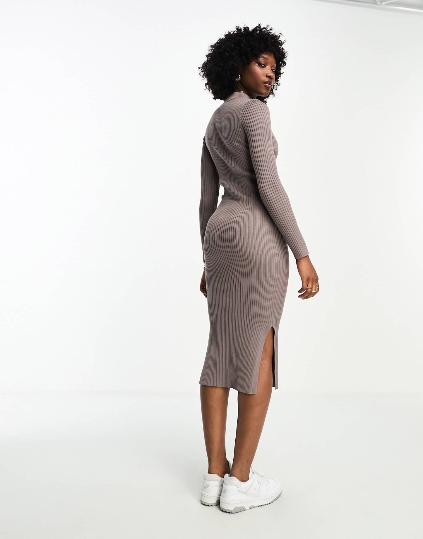 New Look ribbed knitted dress with side split in mink - ASOS Sample Sale