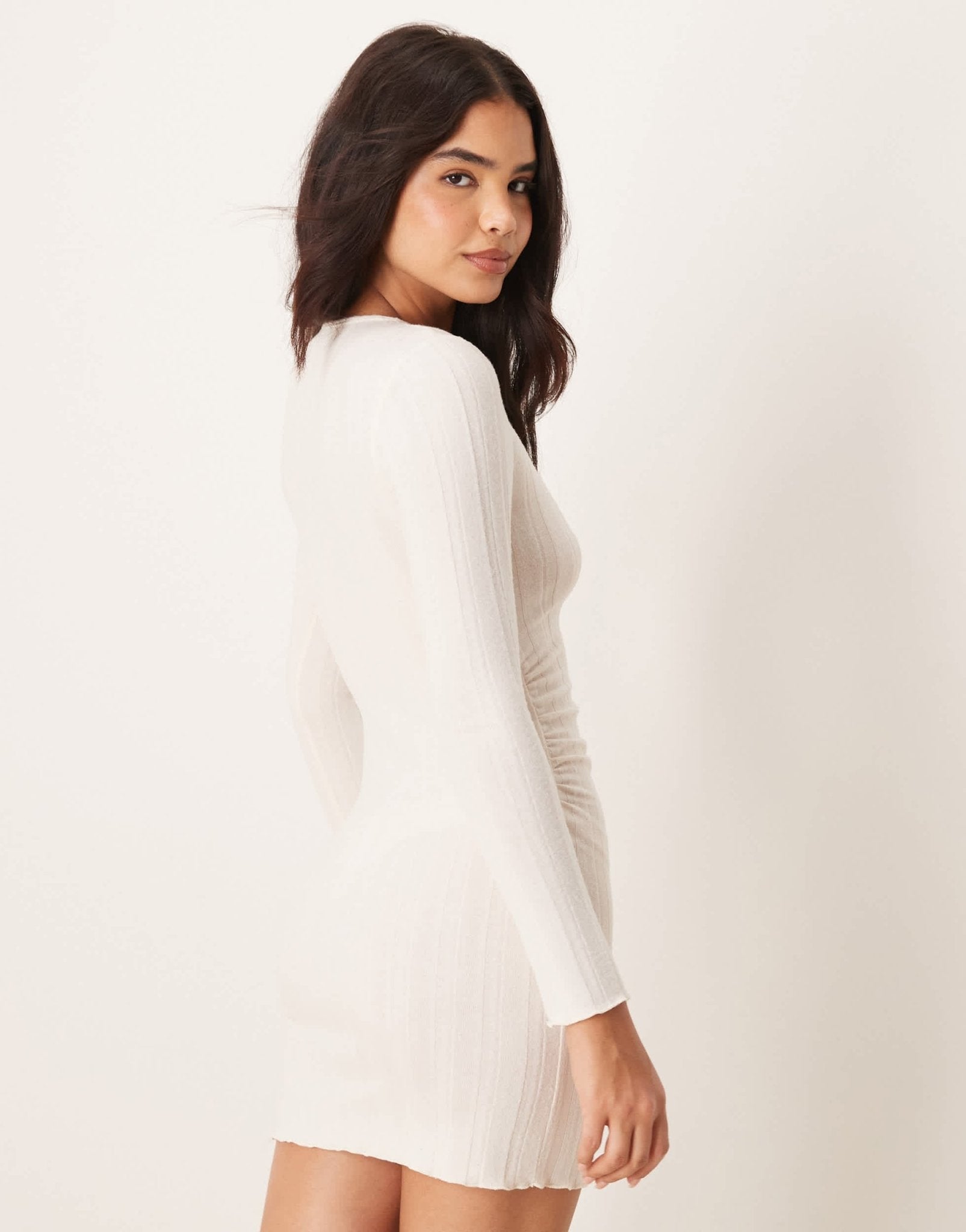 New Look ribbed mini dress with ruched side in cream - ASOS Sample Sale