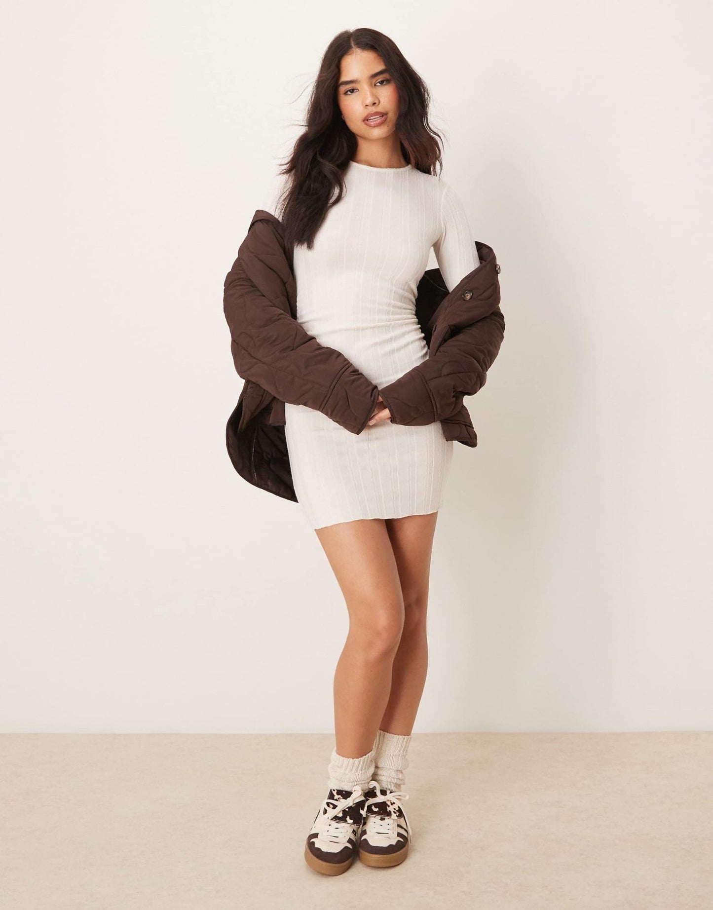 New Look ribbed mini dress with ruched side in cream - ASOS Sample Sale